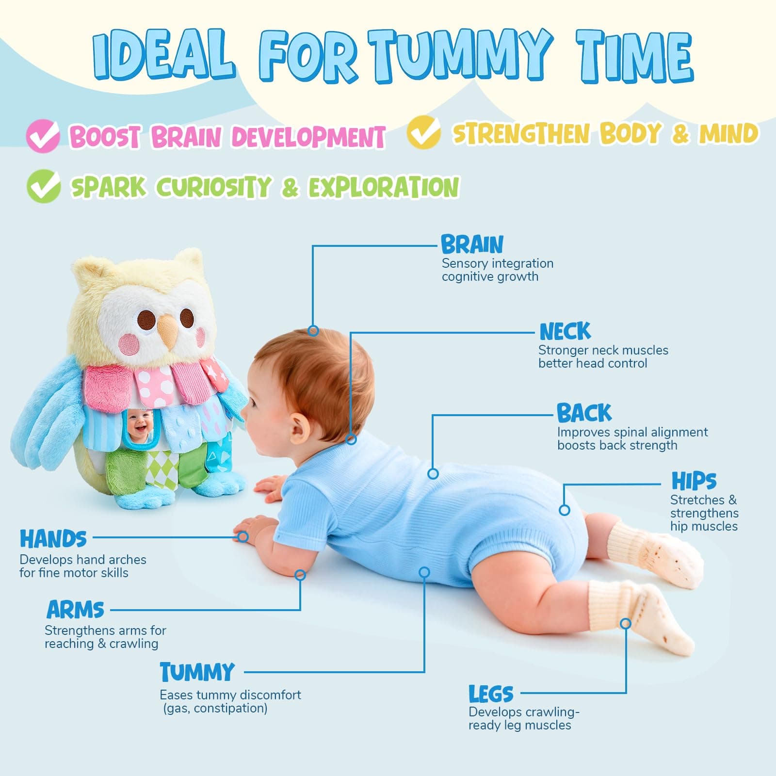 JoyCat Sensory Owl Stuffed Animal Plush, 13'' Montessori Baby Toy for 0-12 Month - Thumbnail 2