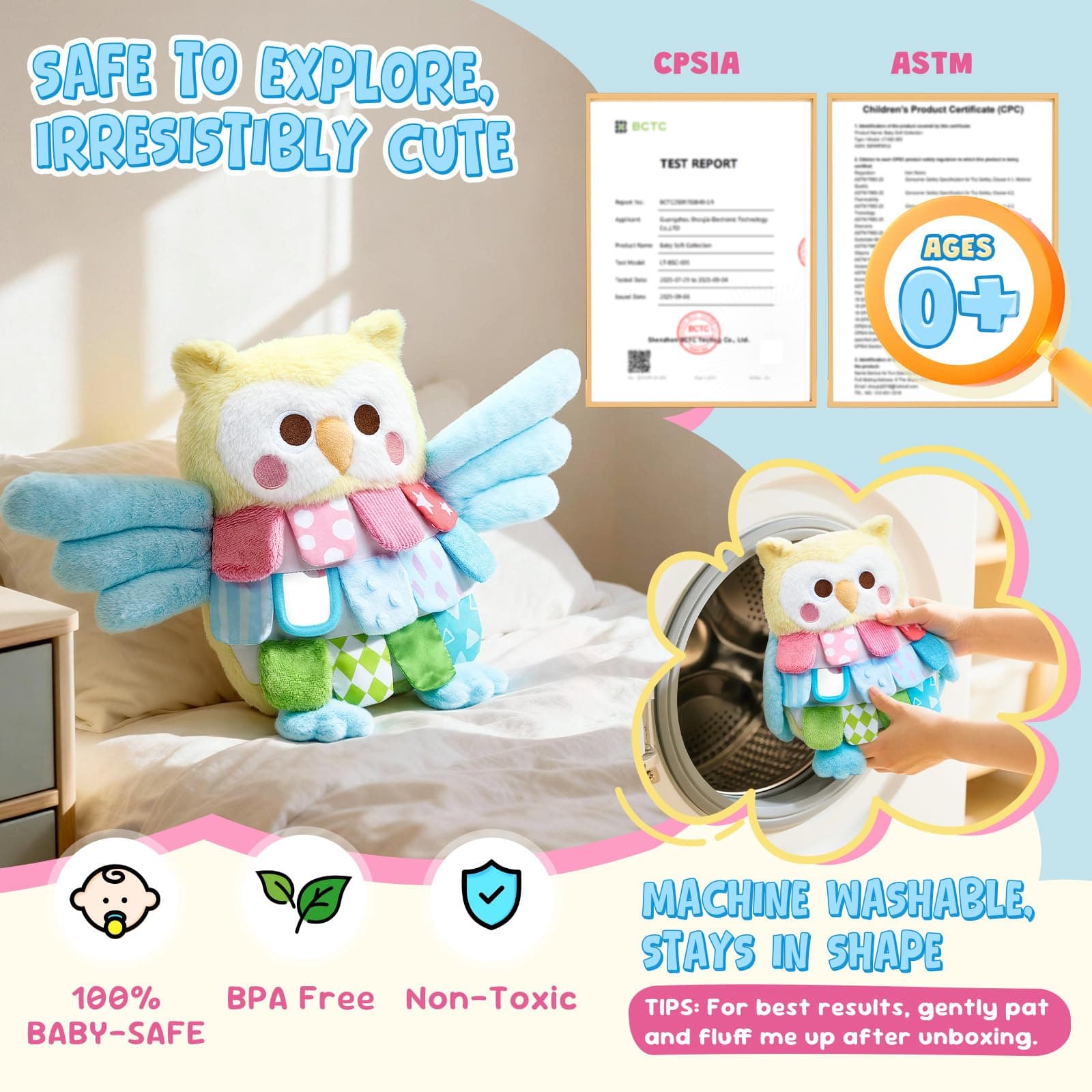 JoyCat Sensory Owl Stuffed Animal Plush, 13'' Montessori Baby Toy for 0-12 Month - Thumbnail 7