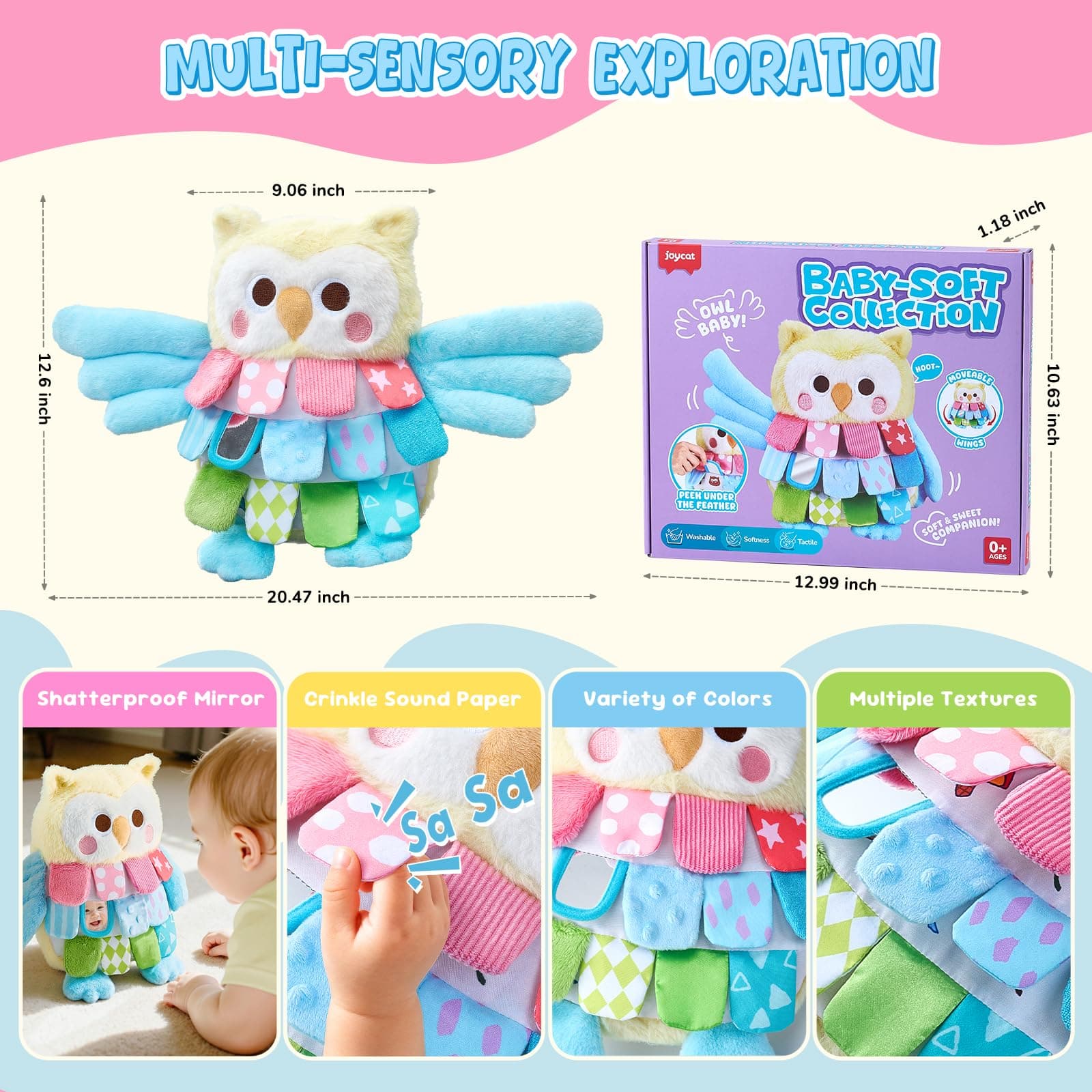 JoyCat Sensory Owl Stuffed Animal Plush, 13'' Montessori Baby Toy for 0-12 Month - Thumbnail 3