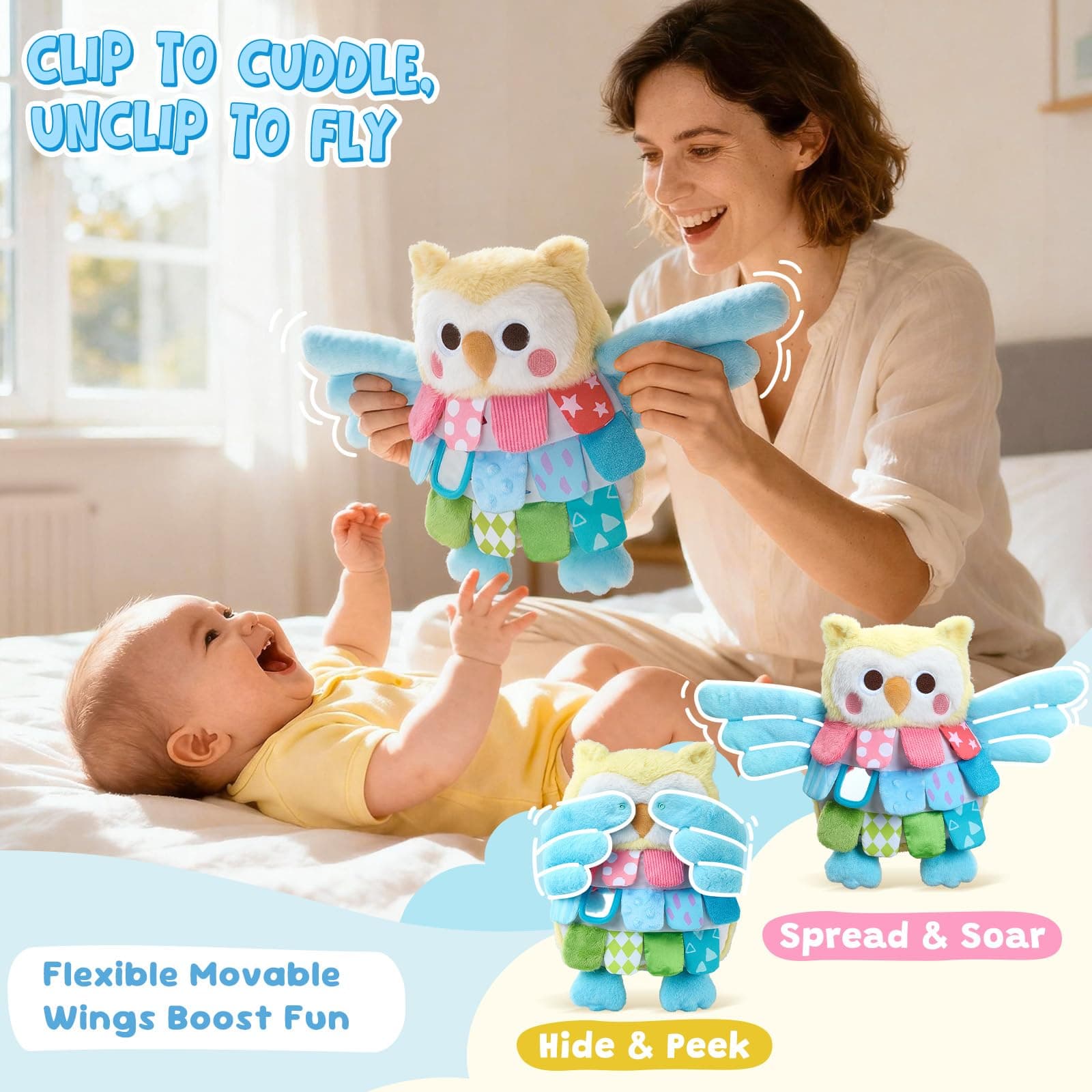 JoyCat Sensory Owl Stuffed Animal Plush, 13'' Montessori Baby Toy for 0-12 Month - Thumbnail 5