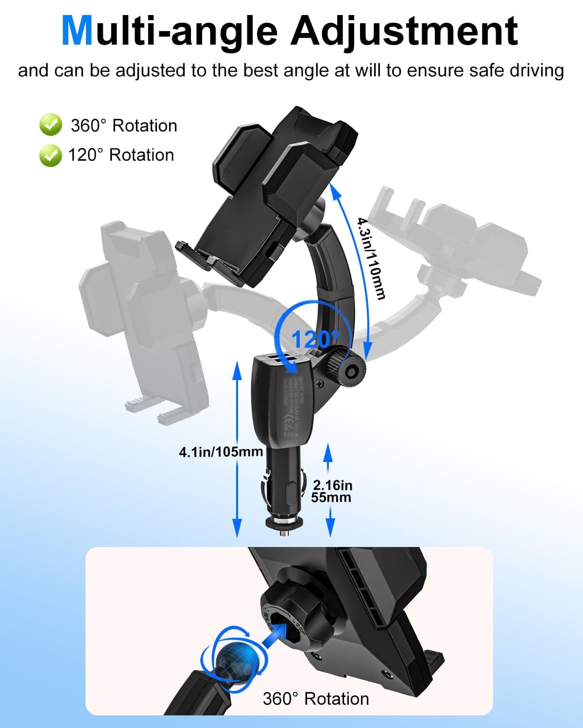 Kolasels Cigarette Lighter Phone Holder Car Mount Charger [Dual USB Fast Chargin - Thumbnail 3