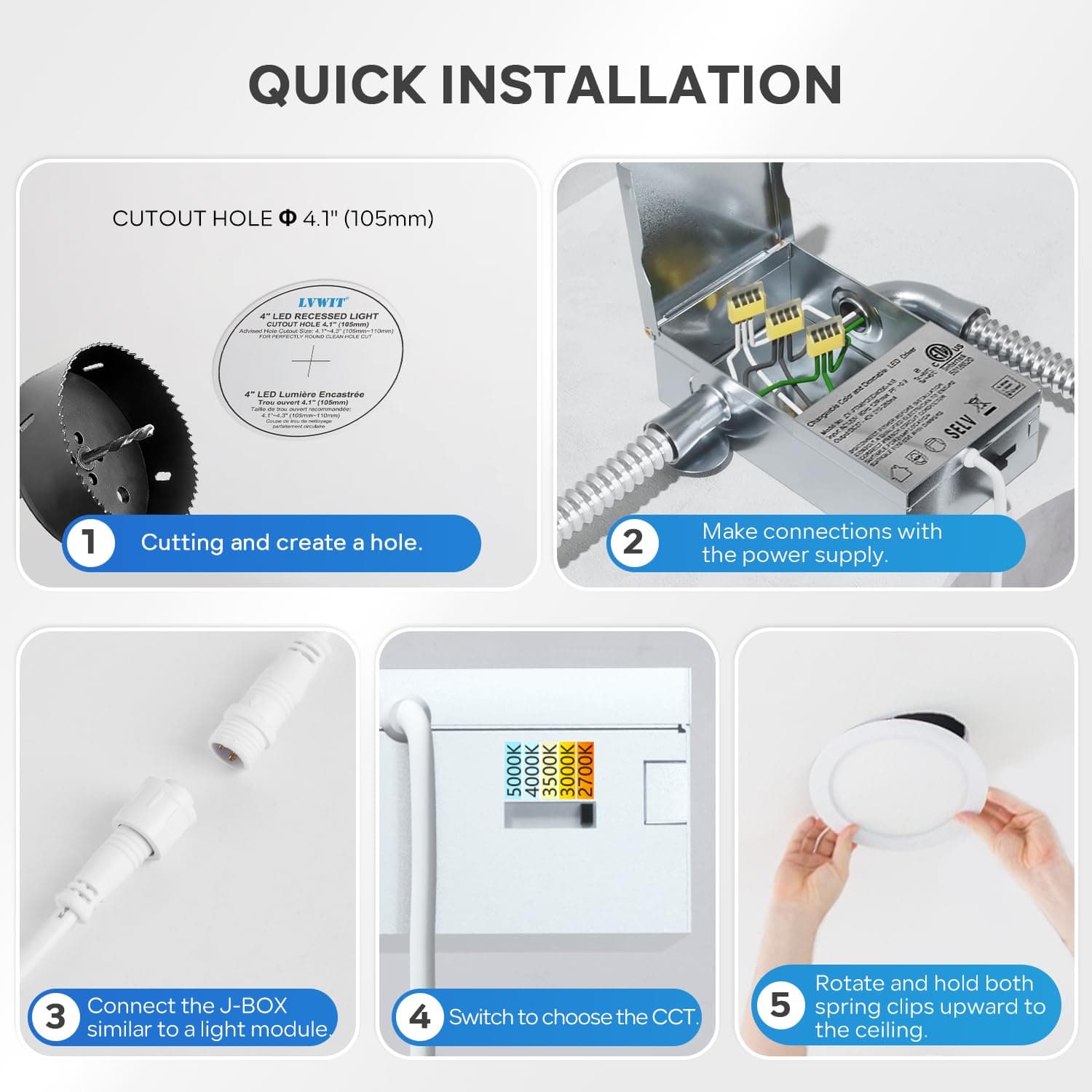 LVWIT Recessed Lighting 4 Inch, Ultra-Thin LED Ceiling Lights 800LM 2700K-5000K - Thumbnail 7