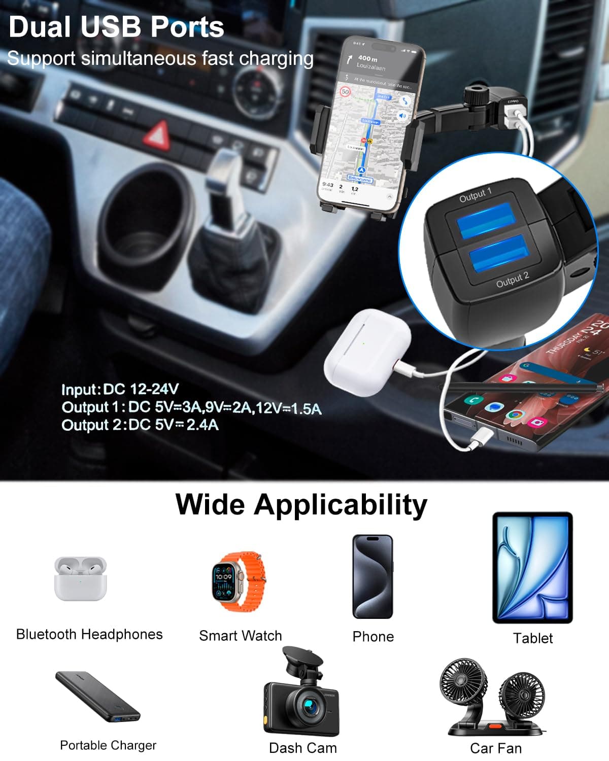 Kolasels Cigarette Lighter Phone Holder Car Mount Charger [Dual USB Fast Chargin - Thumbnail 4