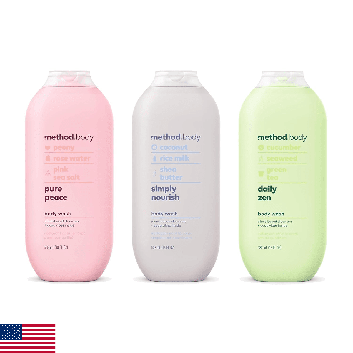 Method Body Wash Variety Pack - Pure Peace 18 fl oz, Simply Nourish 18 fl oz, Da - Image 1