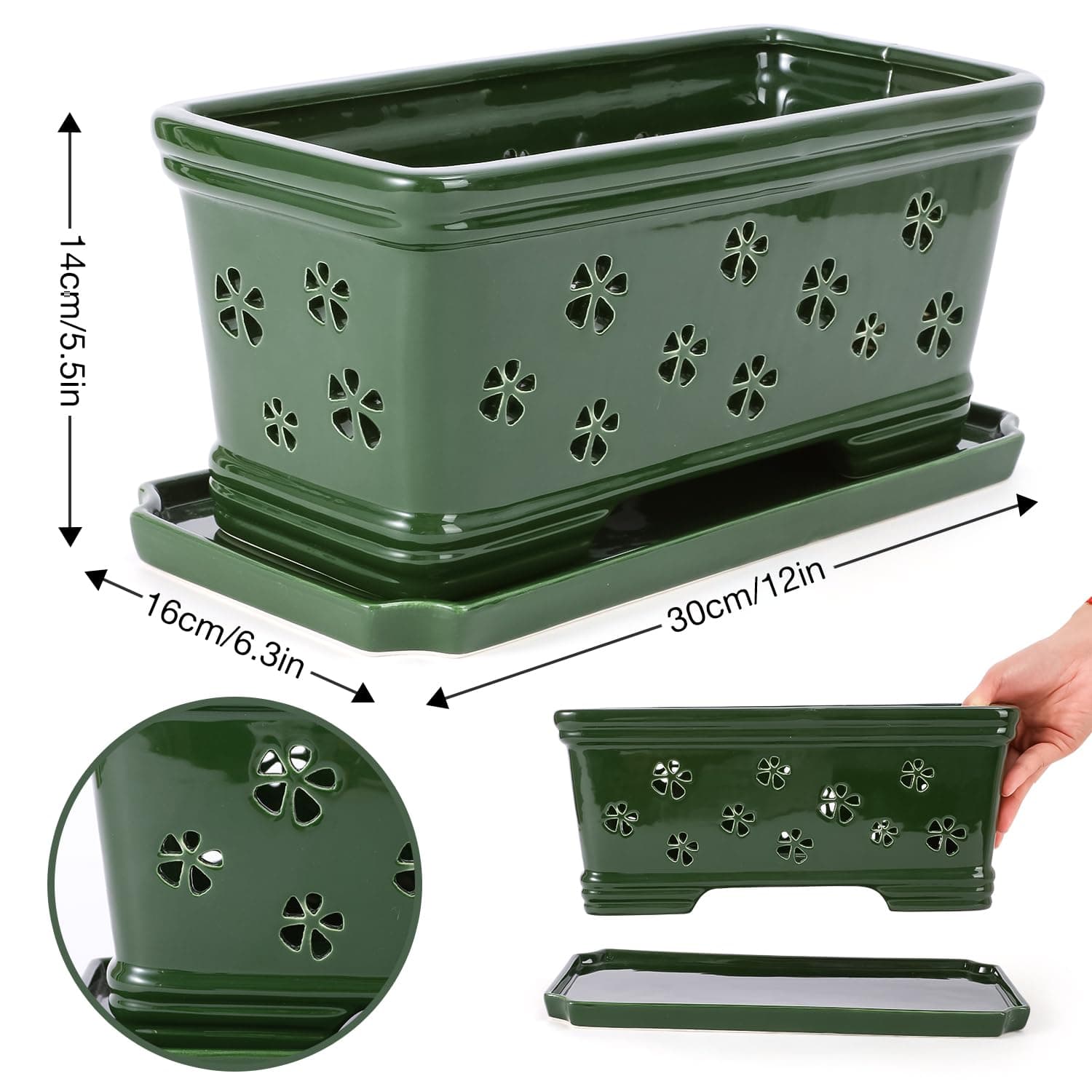 Lovely Ran 12Inch Green Ceramic Orchid Pot with Holes for Repotting and Ventilat - Thumbnail 2