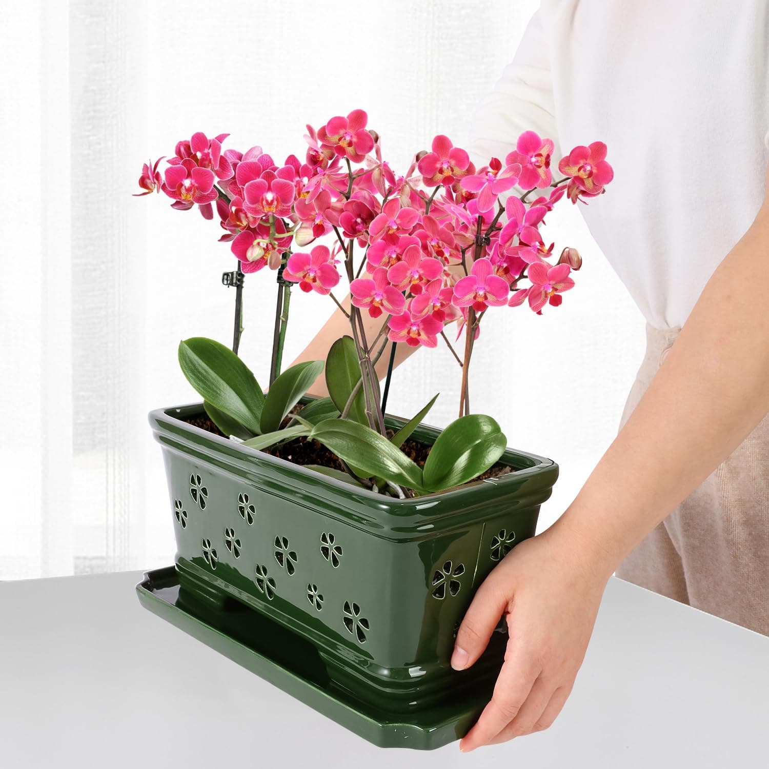 Lovely Ran 12Inch Green Ceramic Orchid Pot with Holes for Repotting and Ventilat - Thumbnail 4