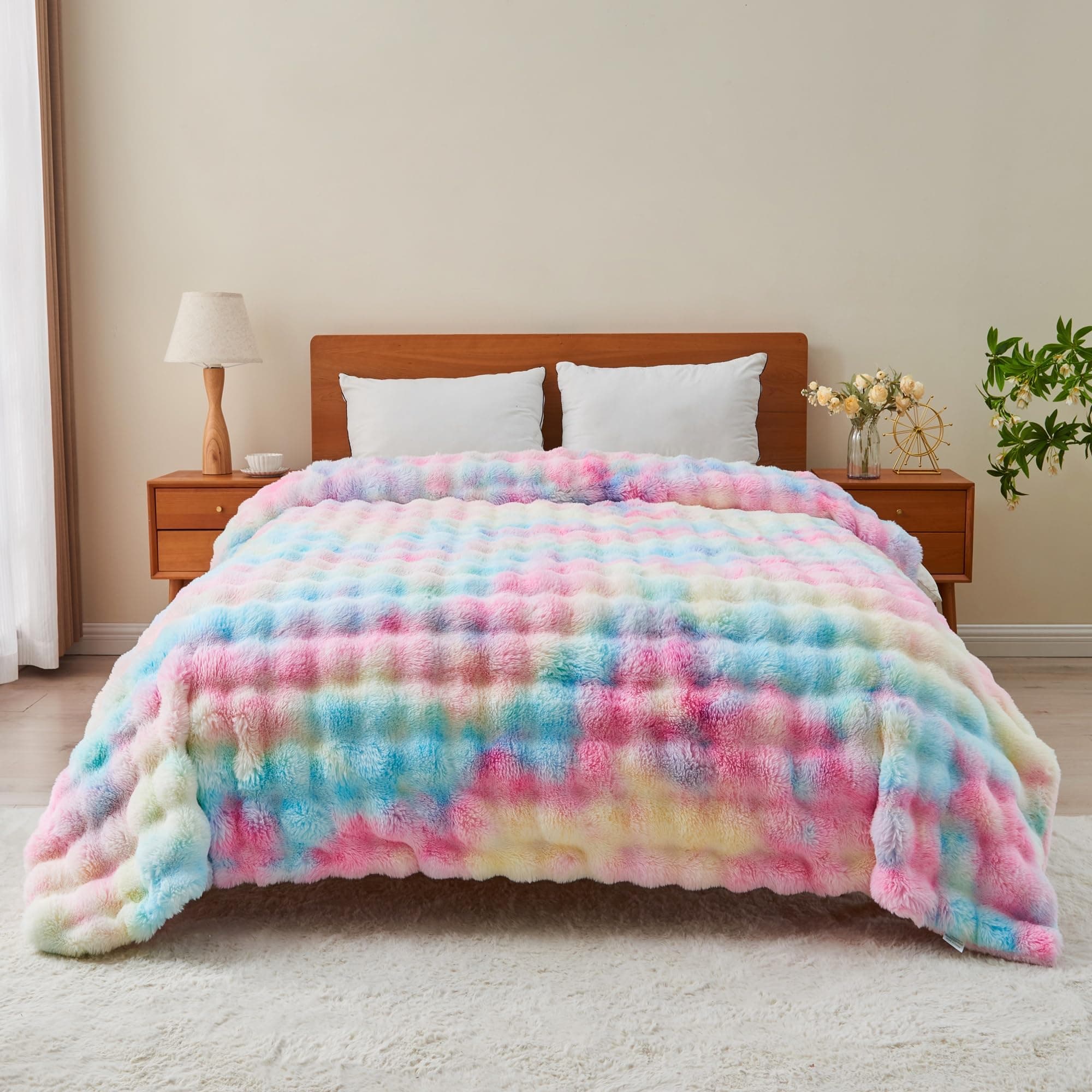 RYNGHIPY Faux Fur Throw Blanket Tie Dye Colorful Rainbow Blanket for Couch Plush - Thumbnail 4