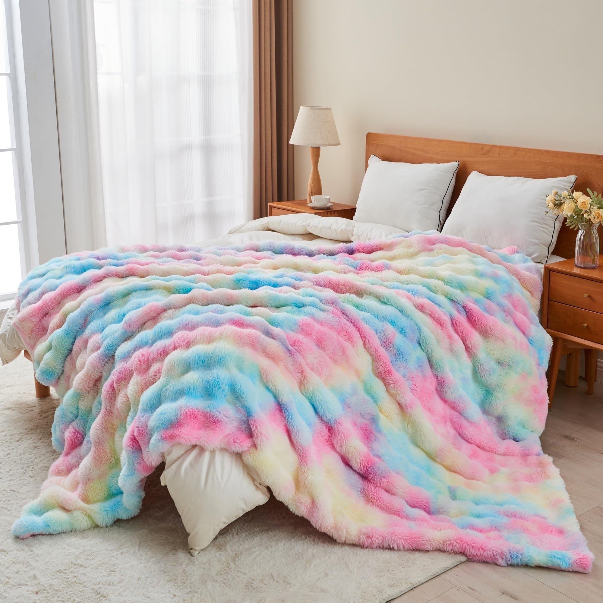 RYNGHIPY Faux Fur Throw Blanket Tie Dye Colorful Rainbow Blanket for Couch Plush - Thumbnail 3
