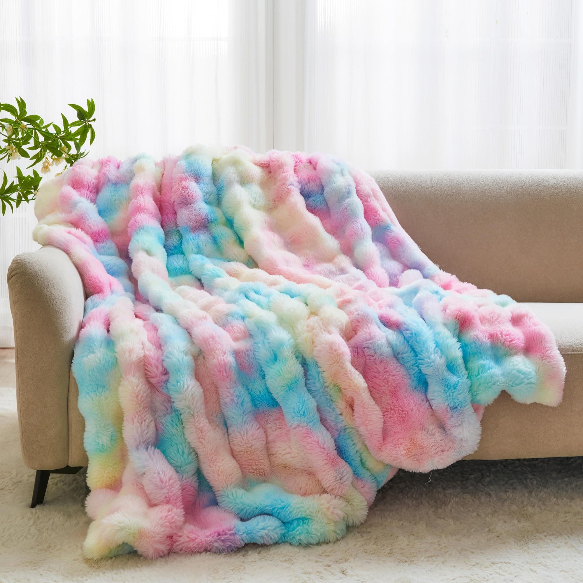 RYNGHIPY Faux Fur Throw Blanket Tie Dye Colorful Rainbow Blanket for Couch Plush - Thumbnail 2