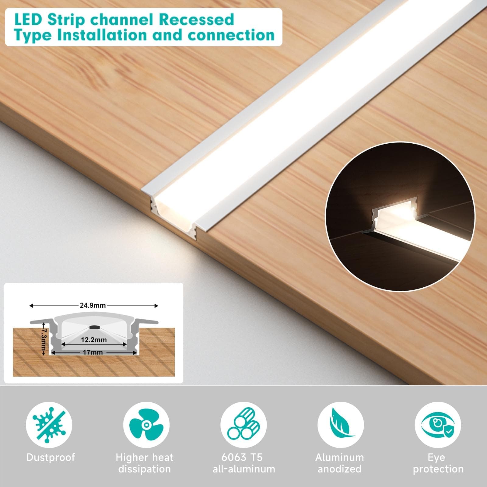 10-Pack 3.3ft/1Meter Silver Recessed LED Aluminum Channel for LED Strip Lights D - Thumbnail 5