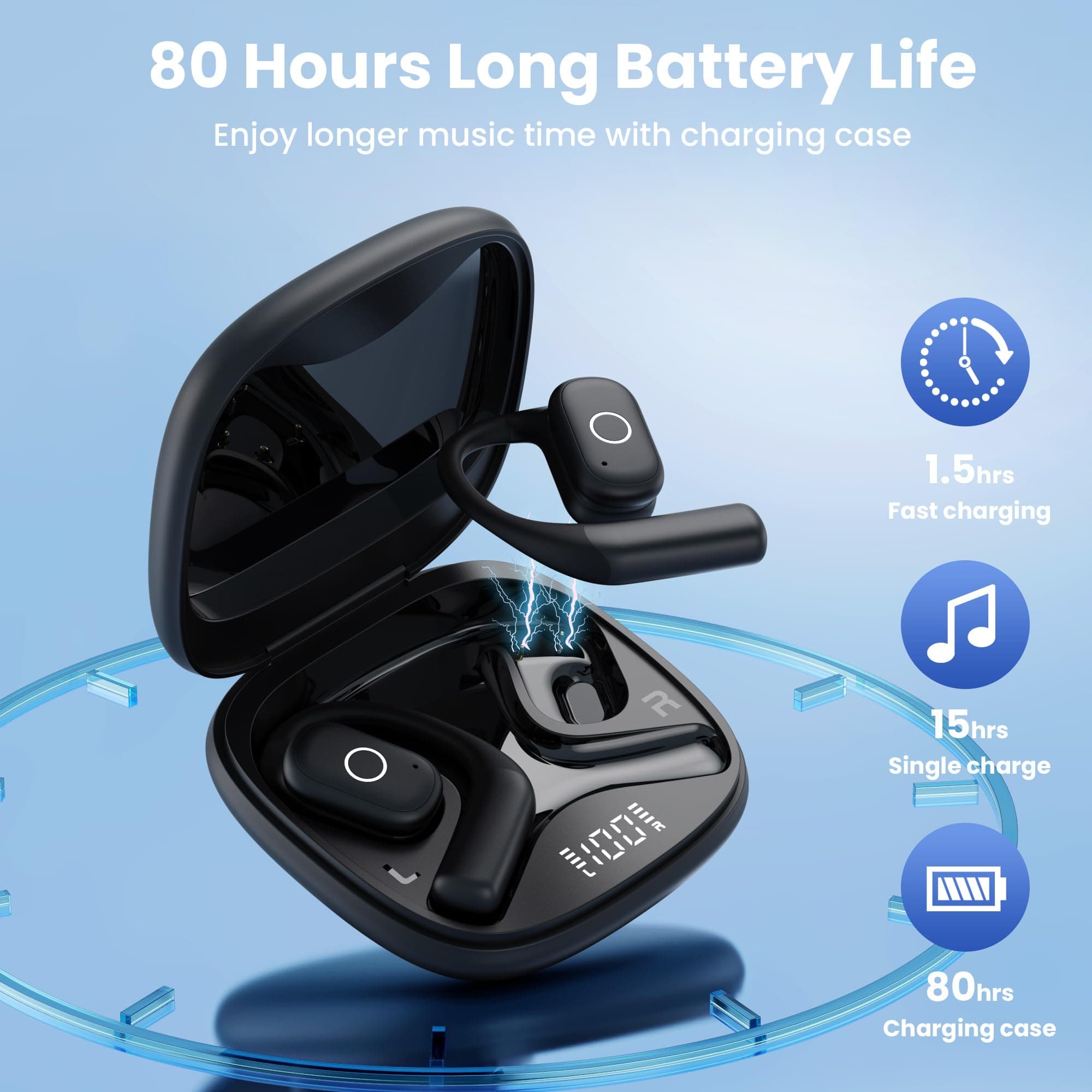 Ear Buds Open Ear Headphones Wireless Earbuds 80Hrs Playtime Bluetooth Ear Buds - Thumbnail 2