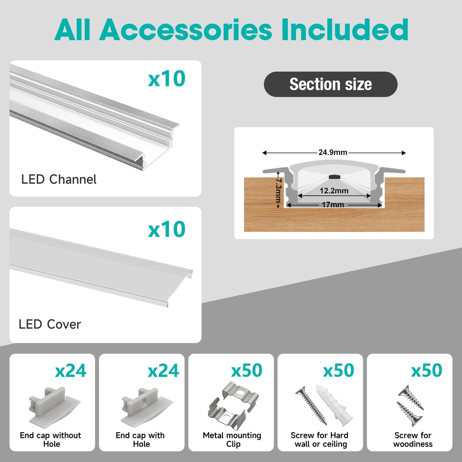 10-Pack 3.3ft/1Meter Silver Recessed LED Aluminum Channel for LED Strip Lights D - Thumbnail 2