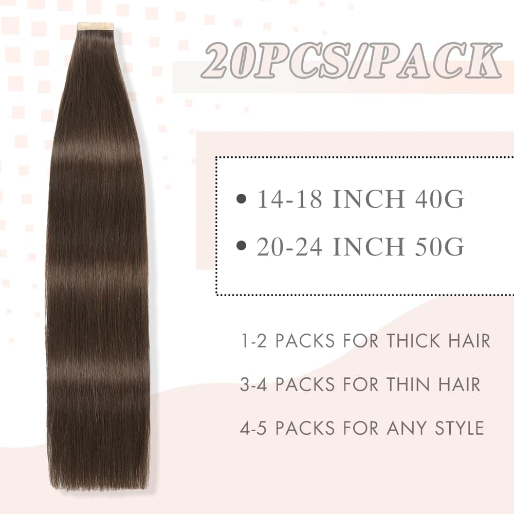 OBHD Darkest Brown Human Hair Tape Extensions 20pcs 14 Inch Straight Remy Hair - Thumbnail 2