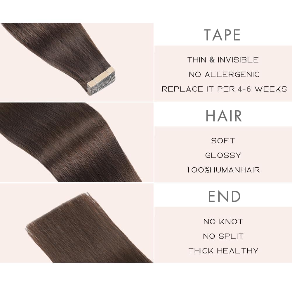 OBHD Darkest Brown Human Hair Tape Extensions 20pcs 14 Inch Straight Remy Hair - Thumbnail 3