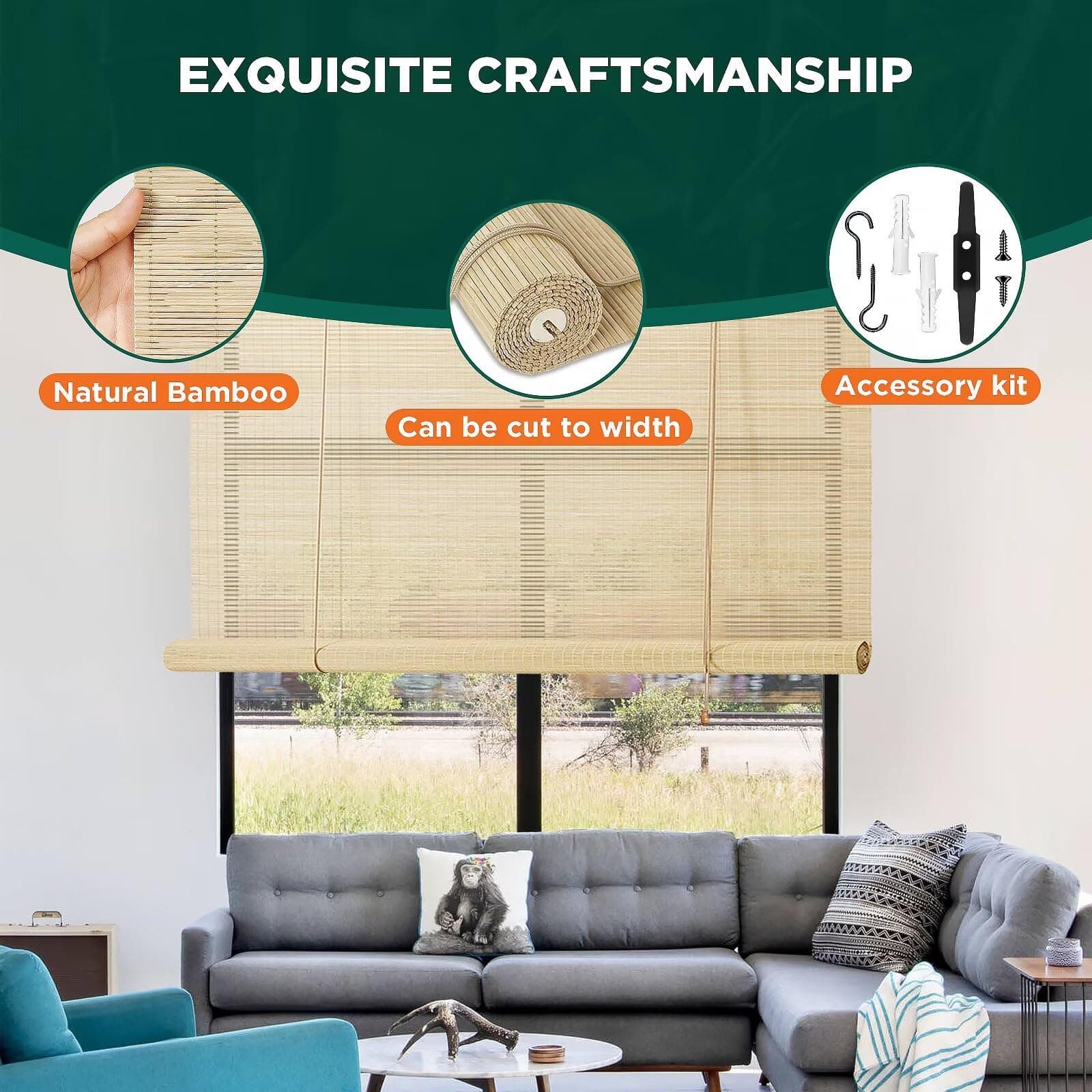 Bamboo Blinds for Interior Windows, Easy to Install Bamboo Shades for Indoor Win - Thumbnail 3