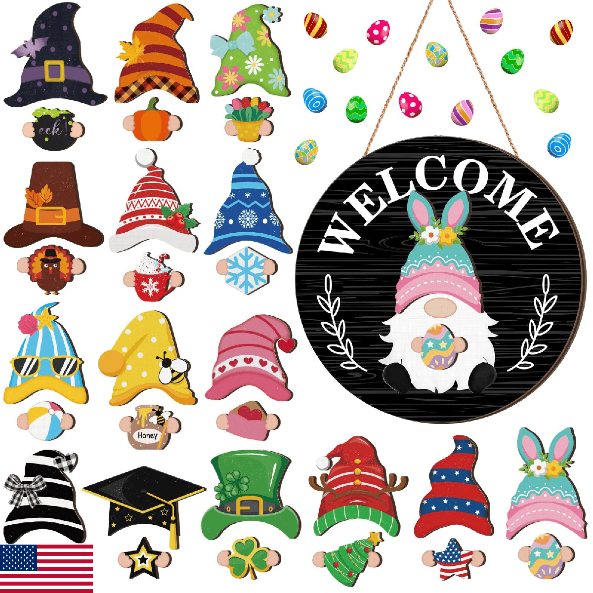 Qunclay Interchangeable Wooden Gnome Decor Holiday Seasonal Gnome Decorations wi - Image 1