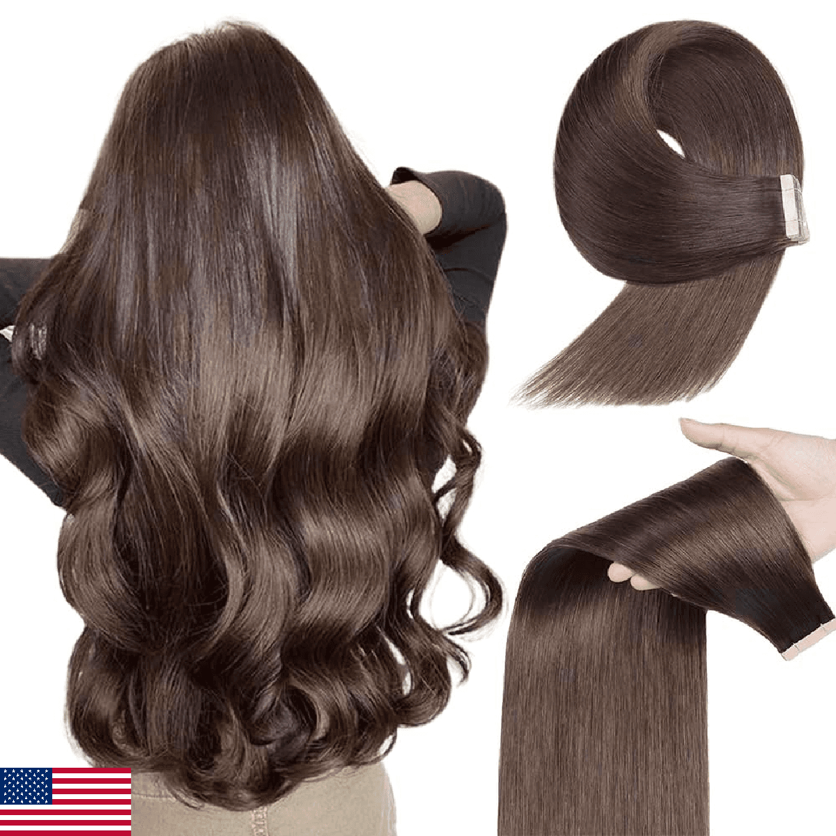 OBHD Darkest Brown Human Hair Tape Extensions 20pcs 14 Inch Straight Remy Hair - Image 1