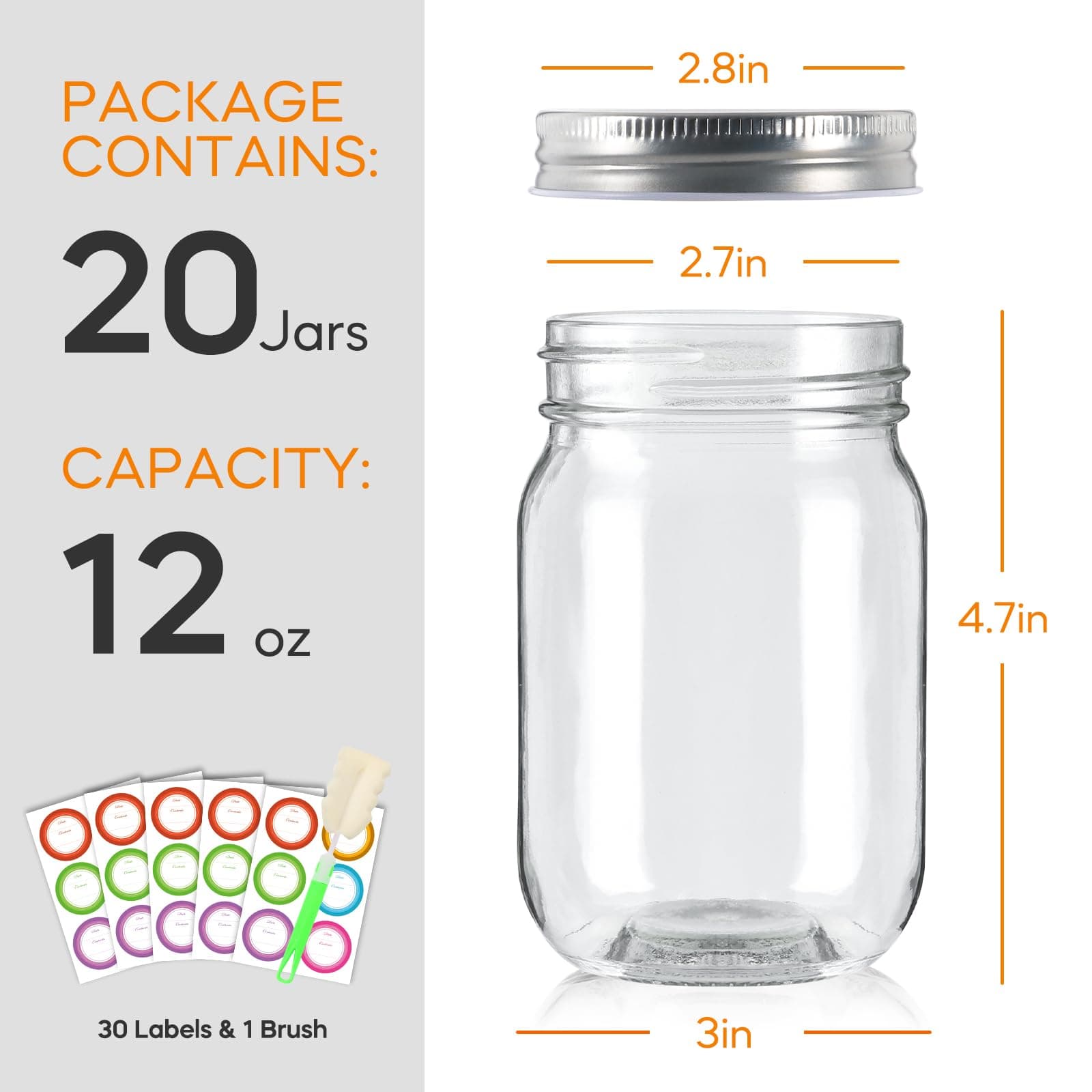 Mcupper 20 Pack 12 oz Mason Jars with Sliver Lids, Regular Mouth Glass Canning J - Thumbnail 2