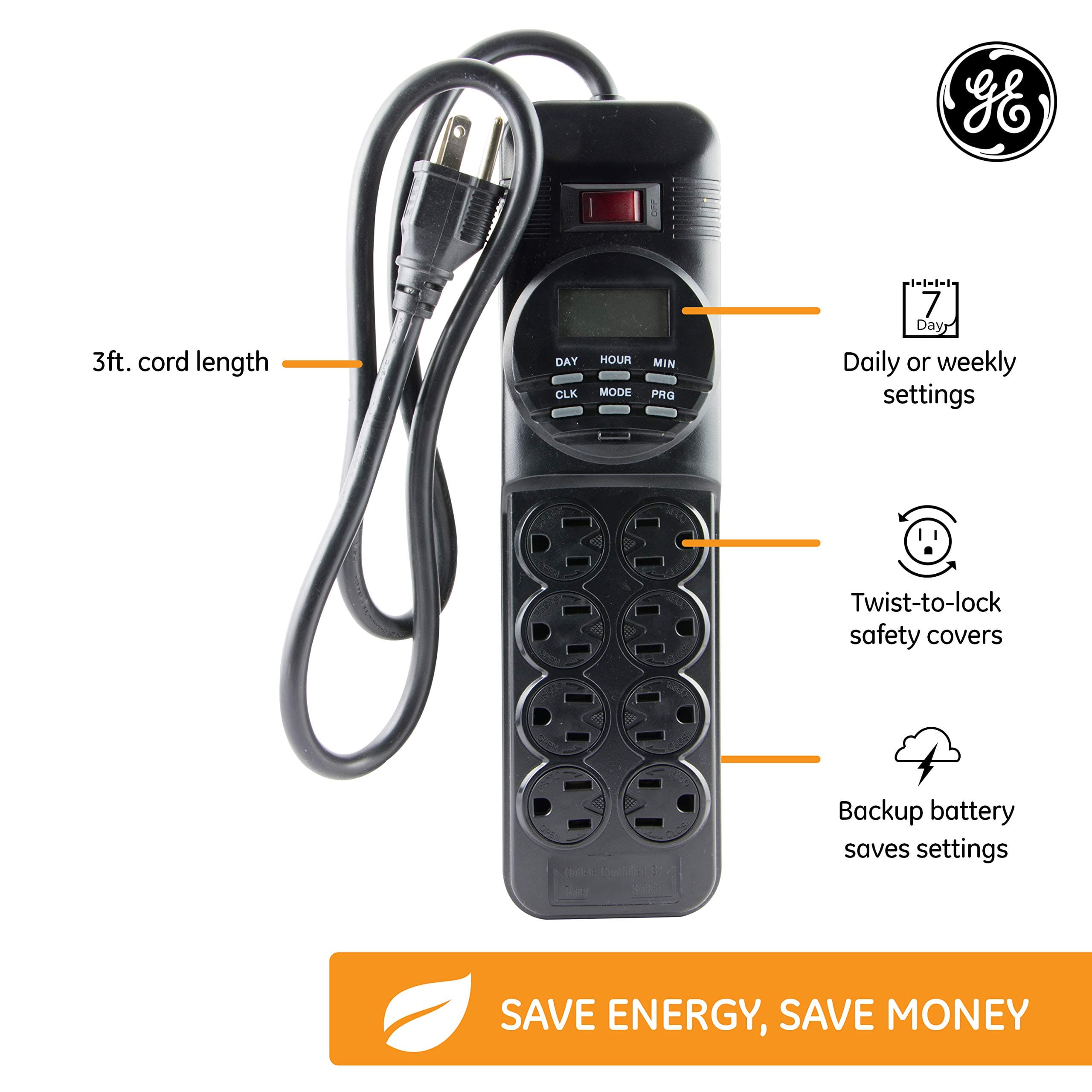 GE 7-Day Digital Power Strip with Timer, 15 AMP, 1800W, 120V, 8 Outlet Timer, 4 - Thumbnail 6