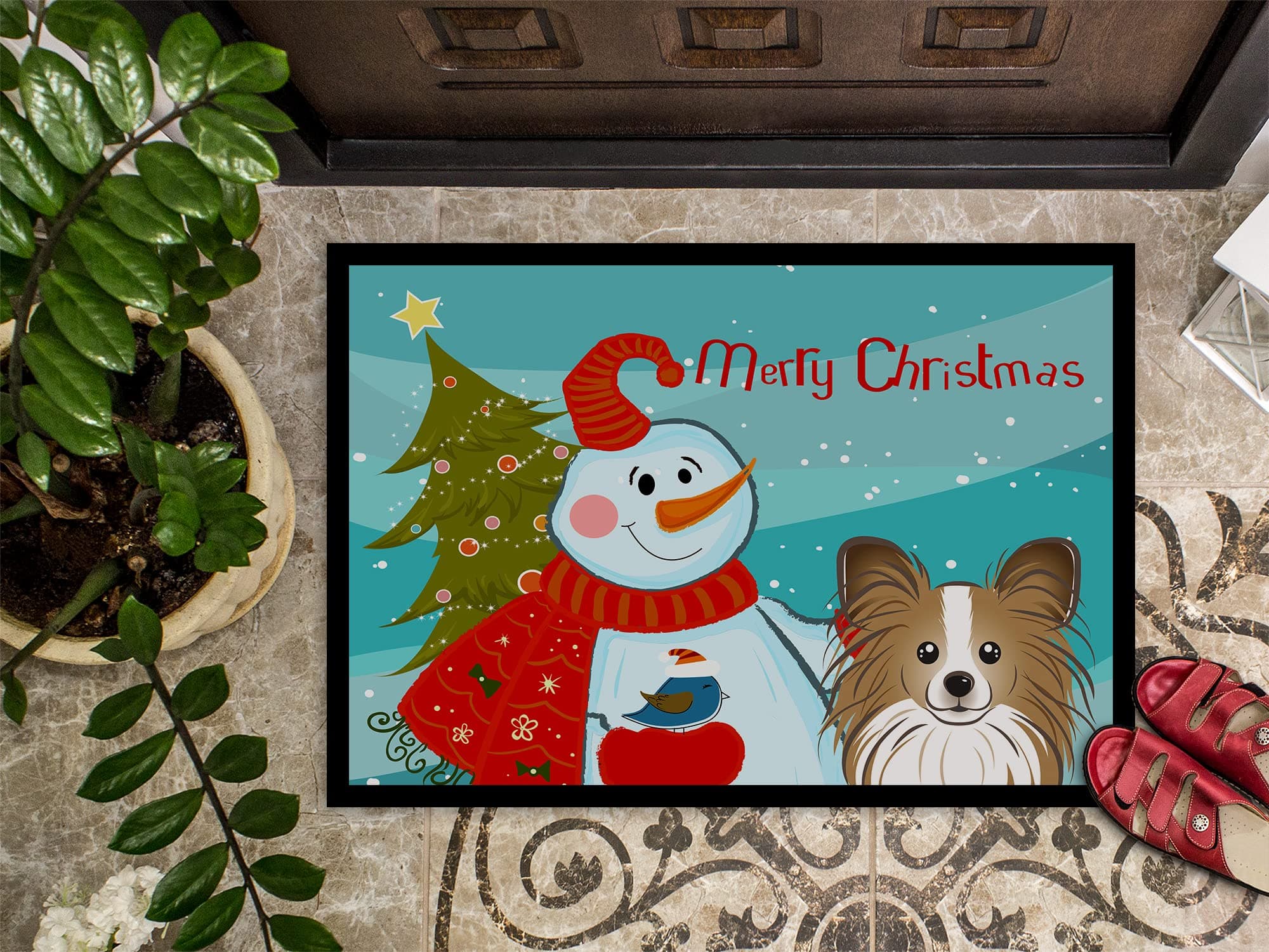 Caroline's Treasures BB1868MAT Snowman with Papillon Doormat 18x27 Front Door Ma - Thumbnail 4