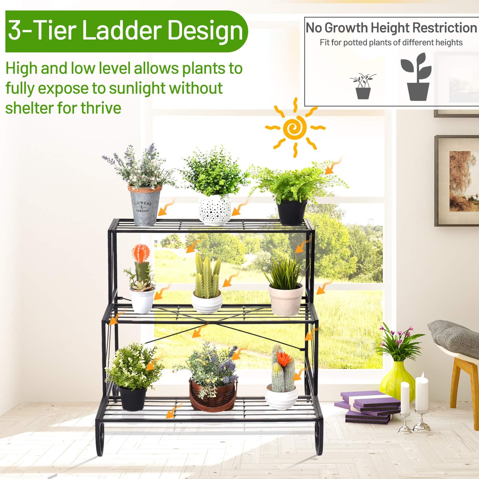 Giantex 3-Tier Metal Plant Stand Outdoor Indoor Garden Balcony Flower Pot Holder - Thumbnail 3
