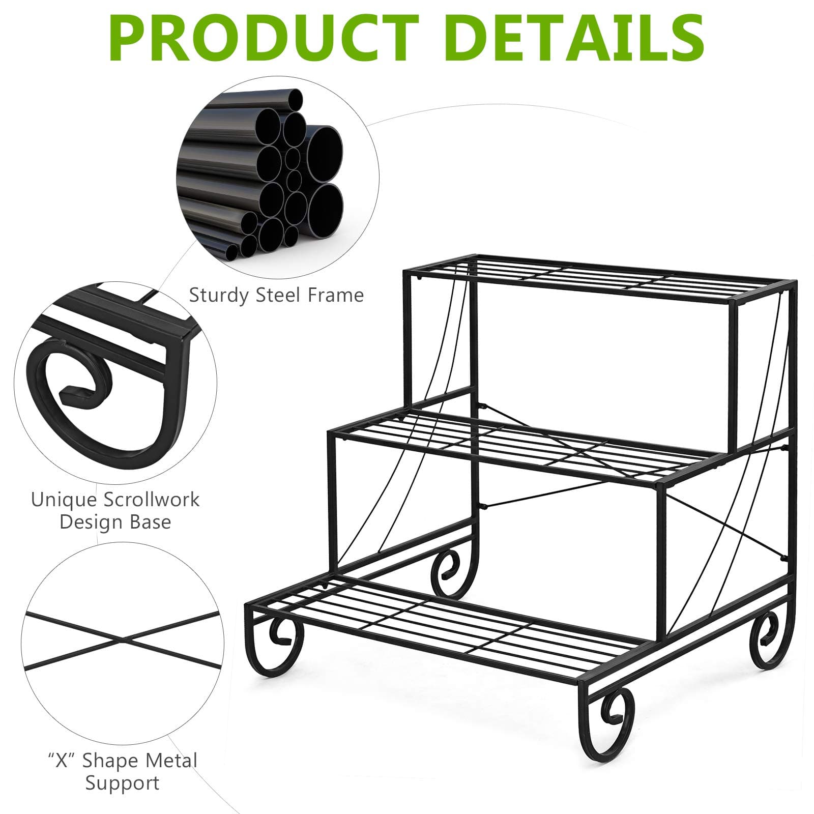 Giantex 3-Tier Metal Plant Stand Outdoor Indoor Garden Balcony Flower Pot Holder - Thumbnail 8
