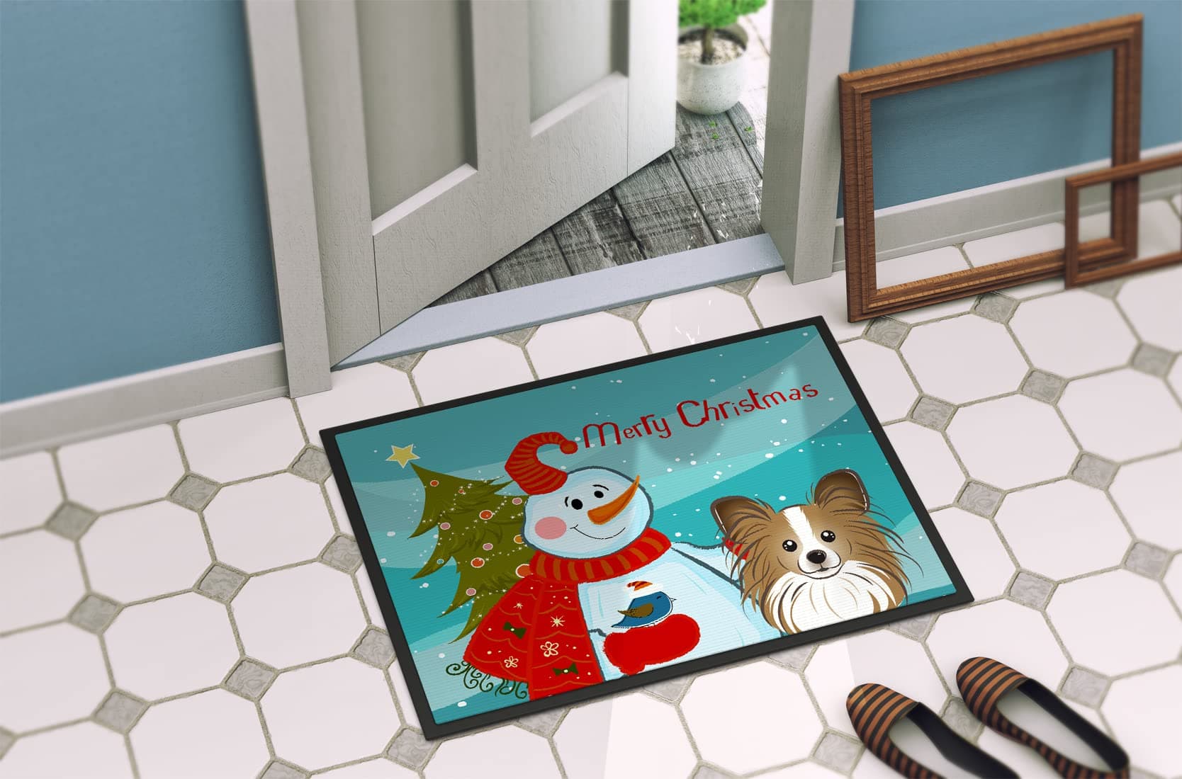 Caroline's Treasures BB1868MAT Snowman with Papillon Doormat 18x27 Front Door Ma - Thumbnail 2