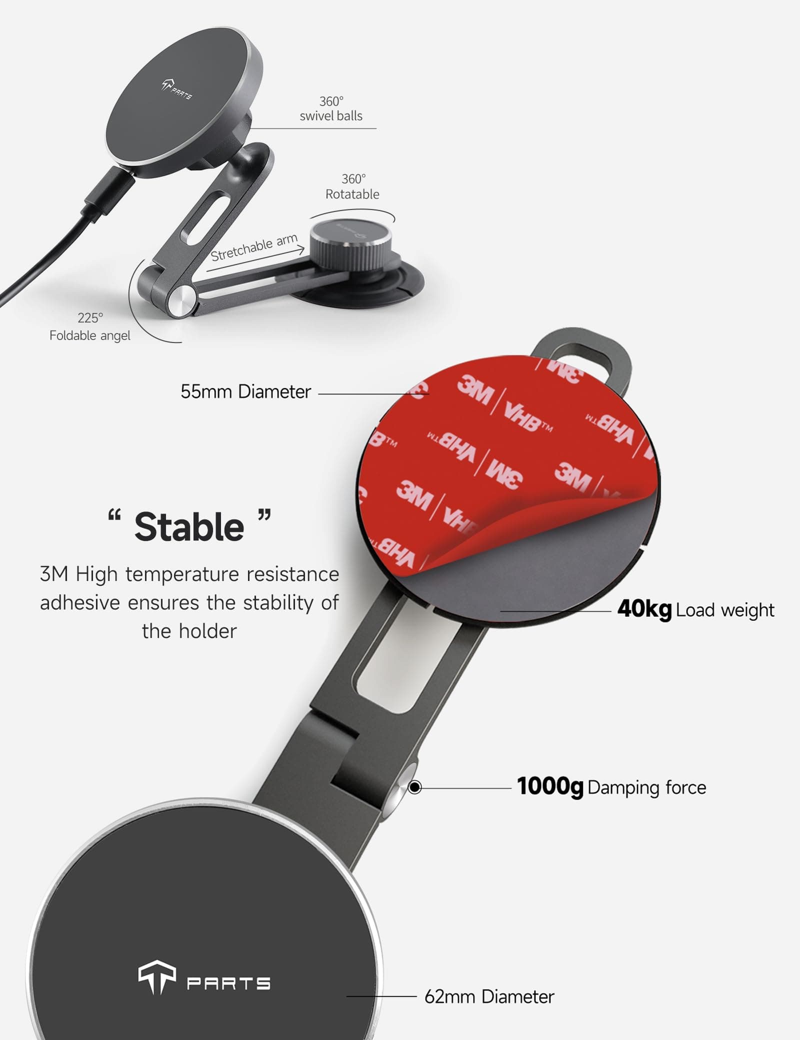 TPARTS Foldable Magnetic Phone Holder Car Mount for Tesla 3/Y/X/S, Wireless Char - Thumbnail 4