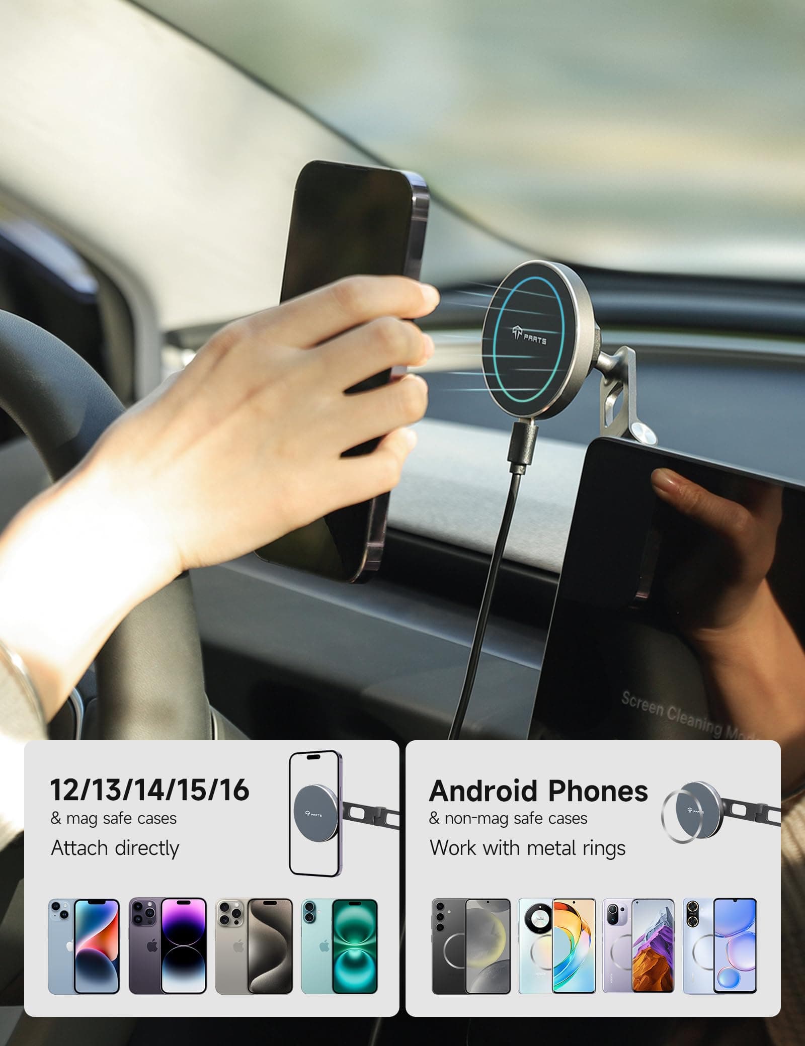 TPARTS Foldable Magnetic Phone Holder Car Mount for Tesla 3/Y/X/S, Wireless Char - Thumbnail 5