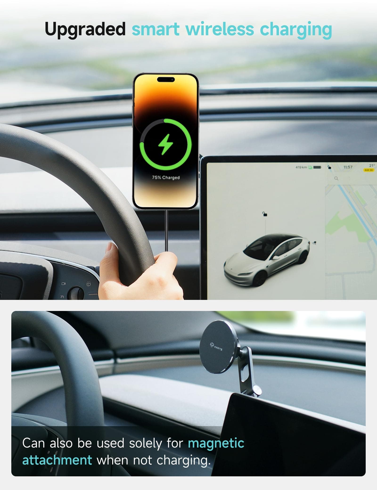 TPARTS Foldable Magnetic Phone Holder Car Mount for Tesla 3/Y/X/S, Wireless Char - Thumbnail 2
