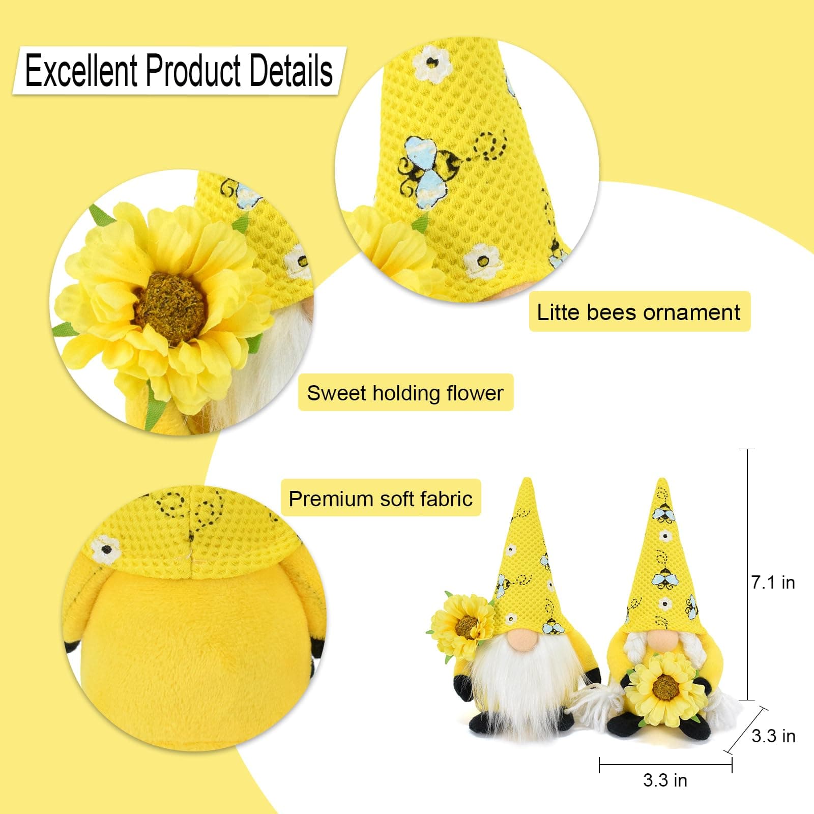 Vytina 2 Pcs Bumble Bee Gnomes Plush Swedish Tomte Nisse Doll Gonk Spring Decor - Thumbnail 6