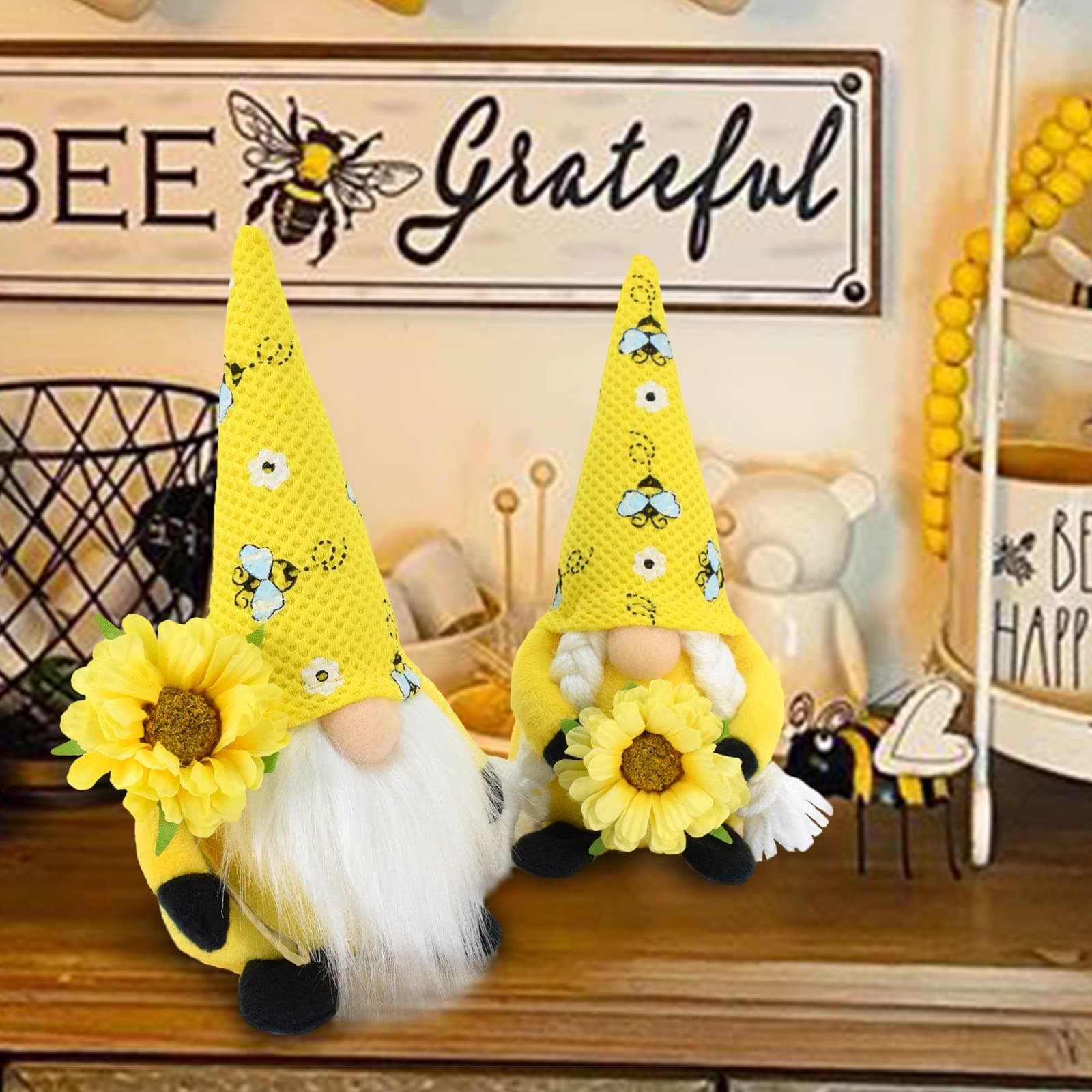 Vytina 2 Pcs Bumble Bee Gnomes Plush Swedish Tomte Nisse Doll Gonk Spring Decor - Thumbnail 2
