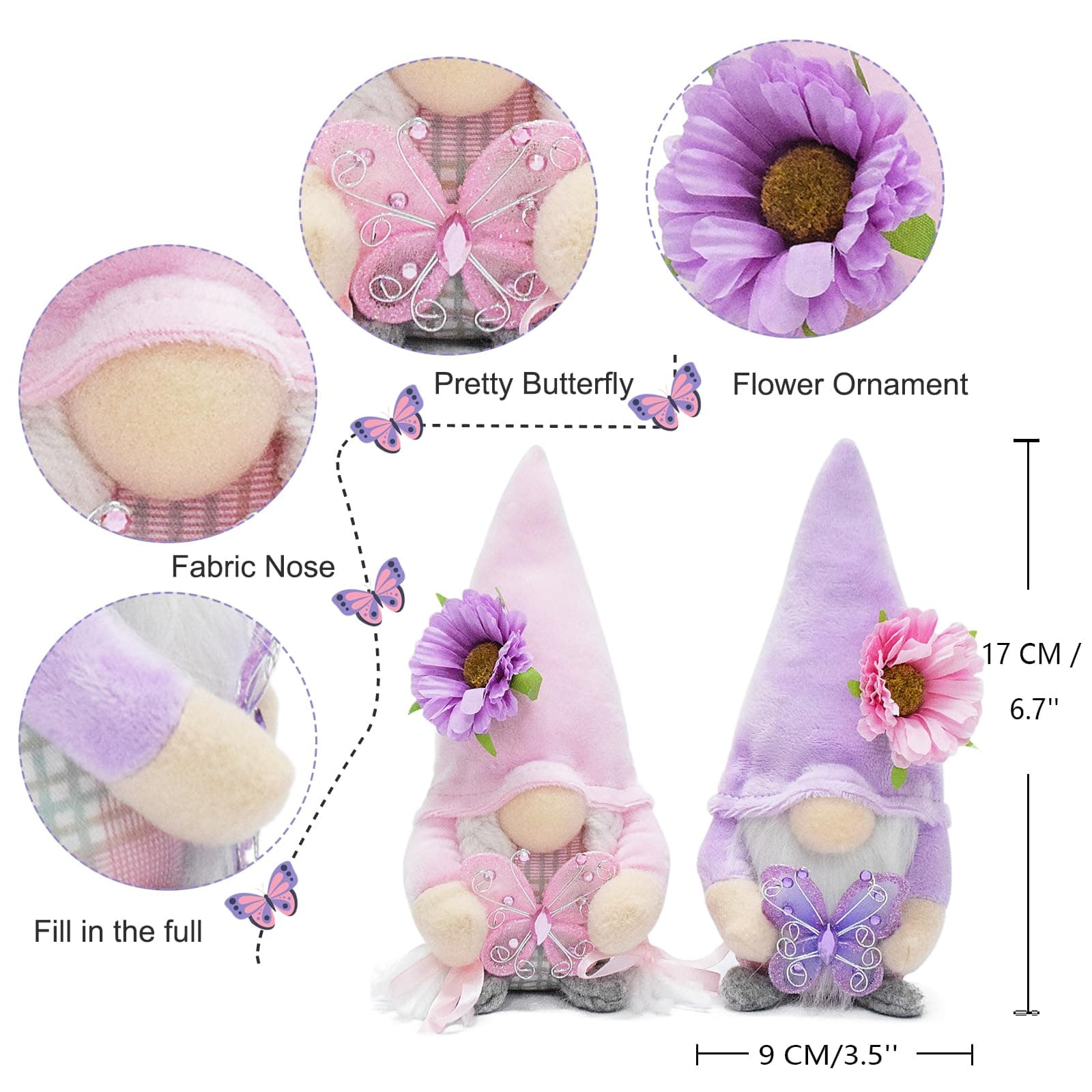 Attiigny Set of 2 Summer Butterfly Gnomes Plush Spring Decoration Flower Farmhou - Thumbnail 2