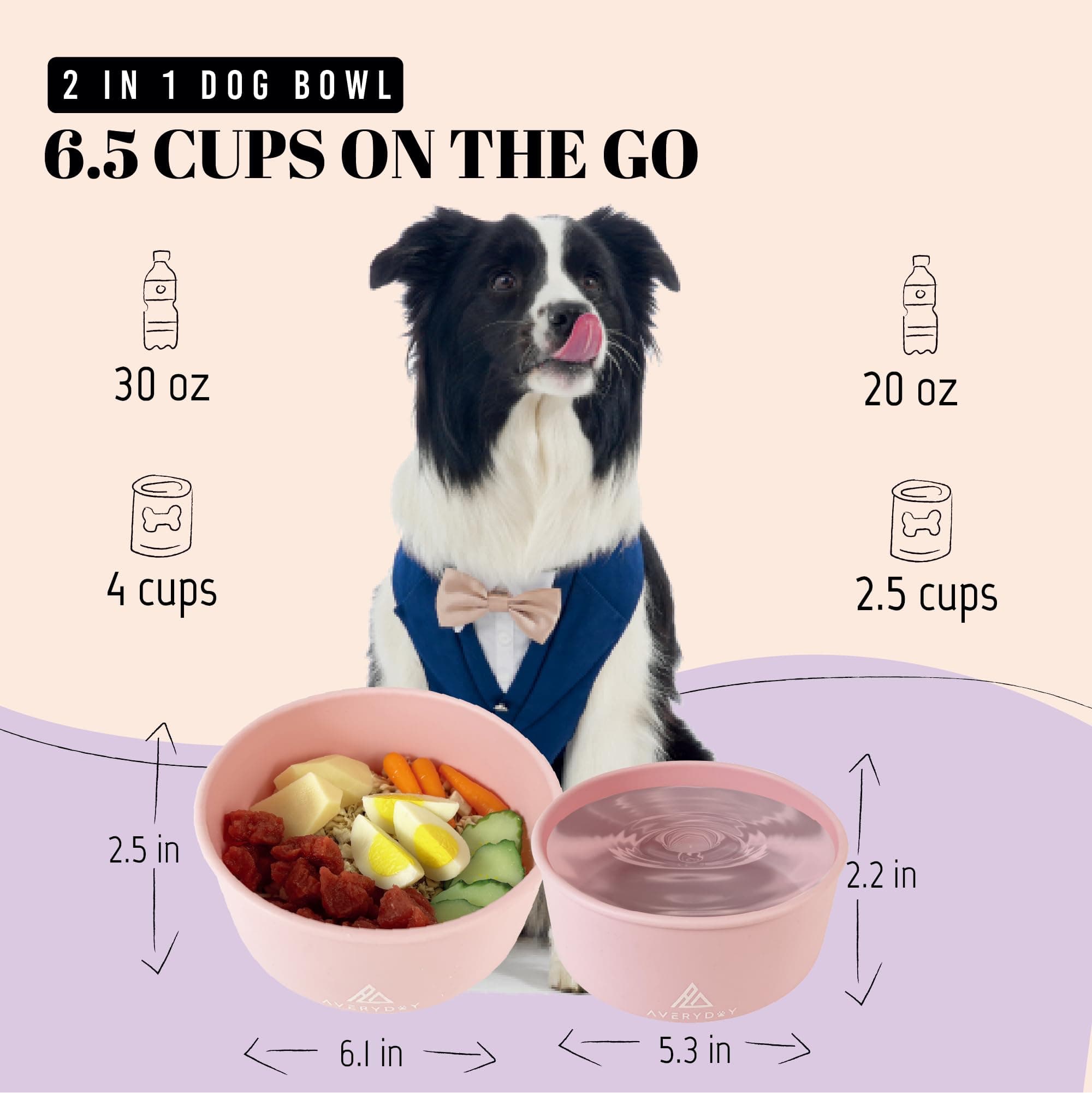 AVERYDAY 50 Oz Travel Dog Bowls with Lids, 2-in-1 Portable Pet Bowls for Food an - Thumbnail 3