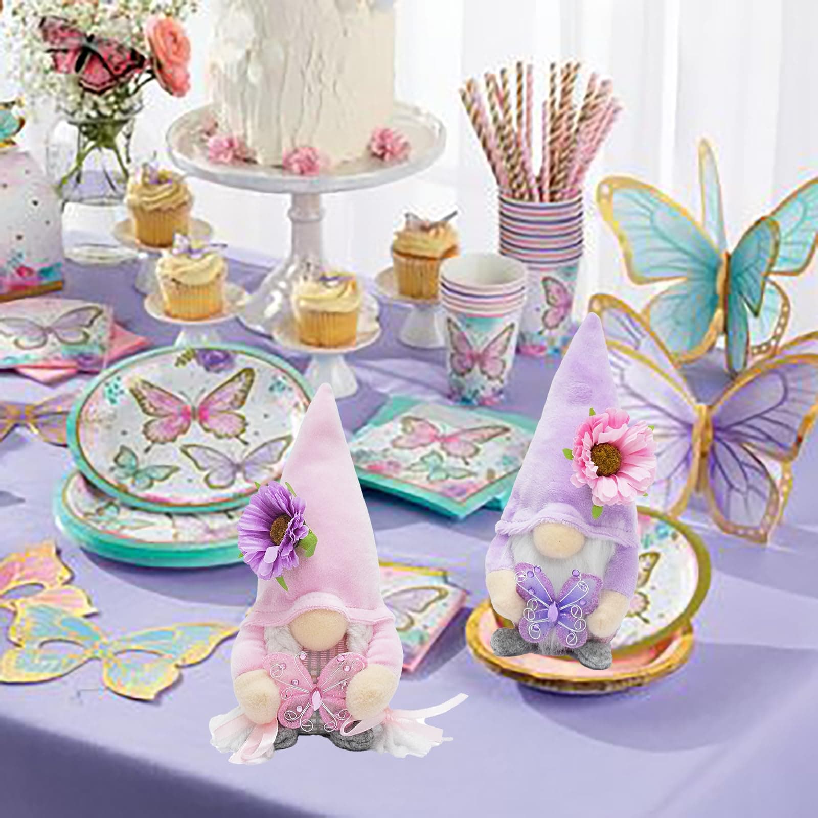 Attiigny Set of 2 Summer Butterfly Gnomes Plush Spring Decoration Flower Farmhou - Thumbnail 6