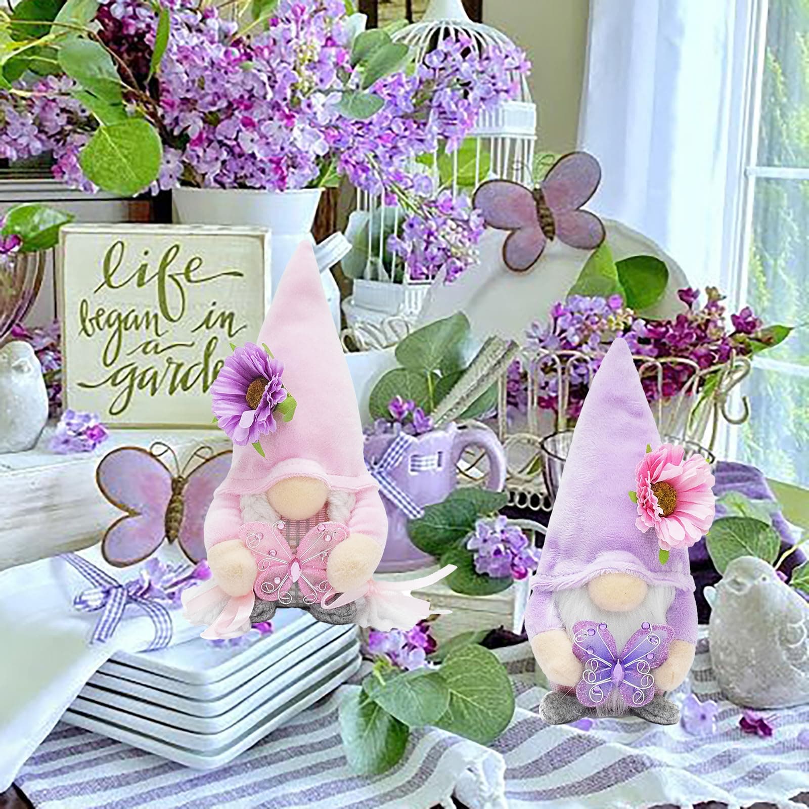 Attiigny Set of 2 Summer Butterfly Gnomes Plush Spring Decoration Flower Farmhou - Thumbnail 3