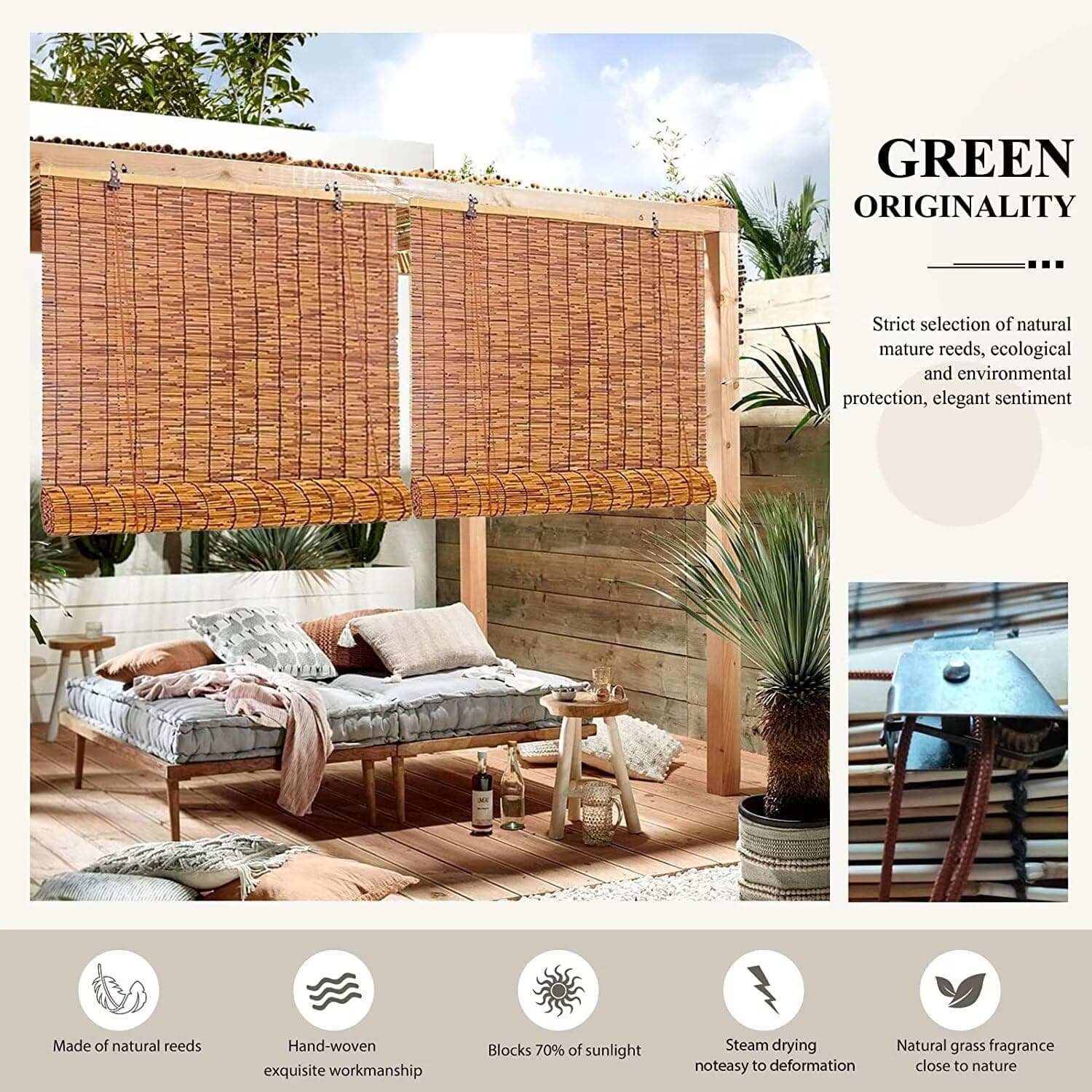 Roman Shades for Windows Bamboo Roller Shades for Patio Porch – Light Filtering - Thumbnail 3