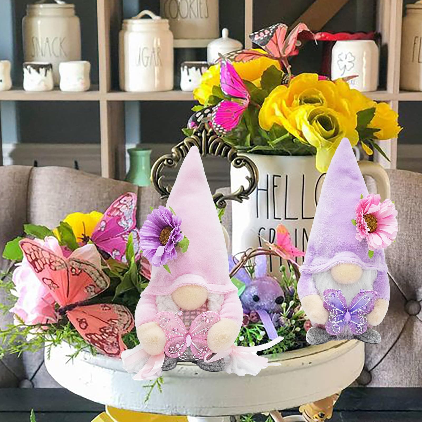 Attiigny Set of 2 Summer Butterfly Gnomes Plush Spring Decoration Flower Farmhou - Thumbnail 4