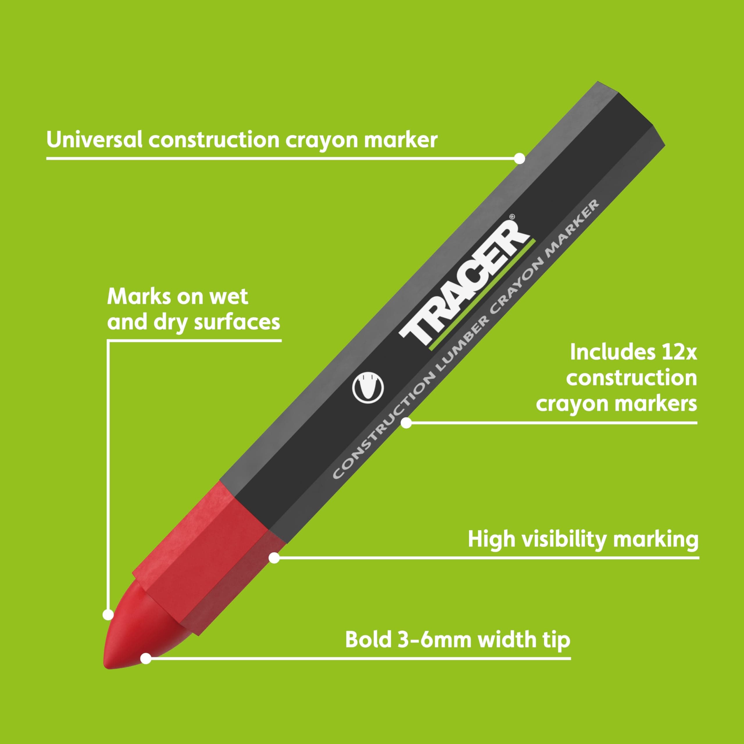 Tracer Construction Lumber Crayon Markers, Pack of 12 - Mixed Colours. 6 x Yello - Thumbnail 3