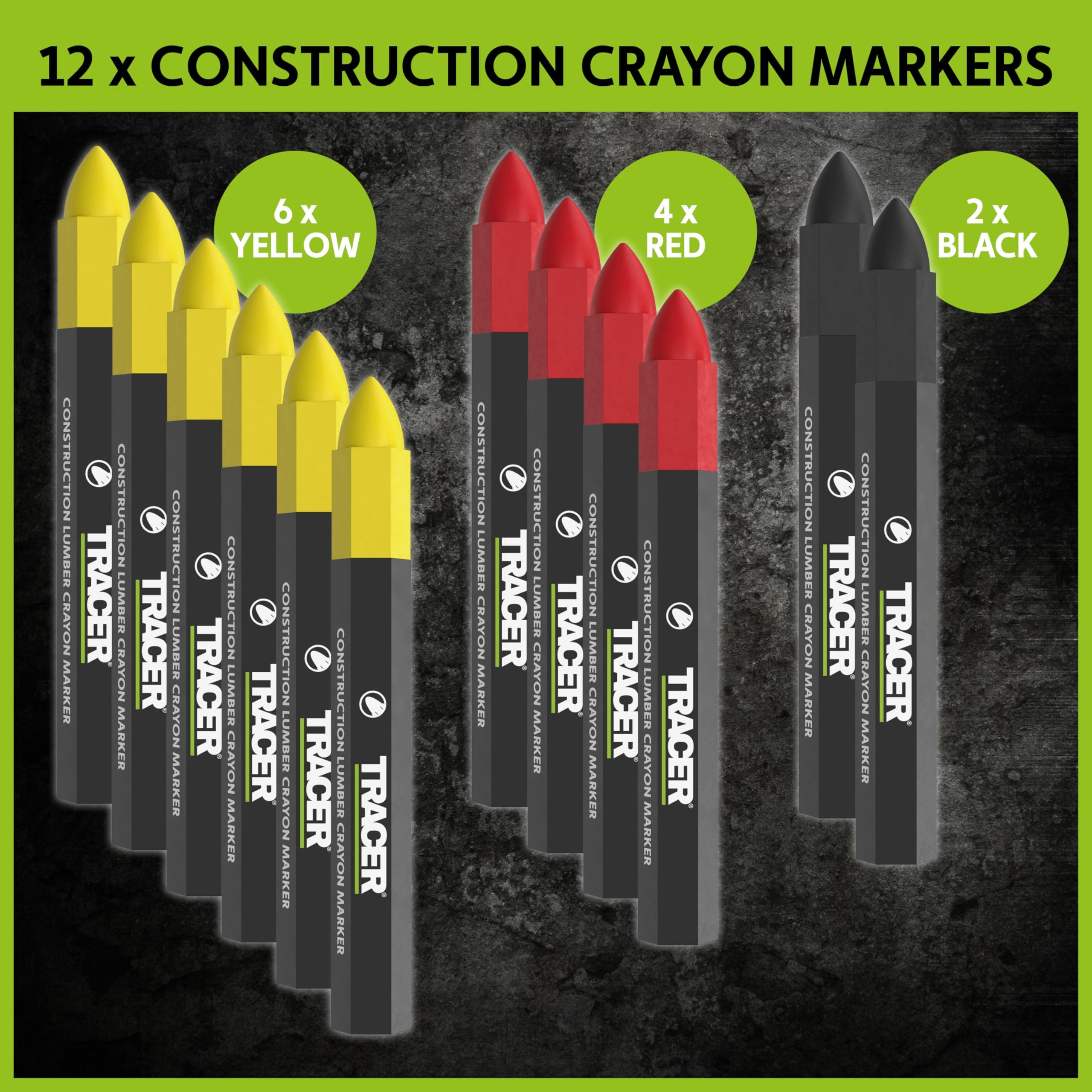 Tracer Construction Lumber Crayon Markers, Pack of 12 - Mixed Colours. 6 x Yello - Thumbnail 2