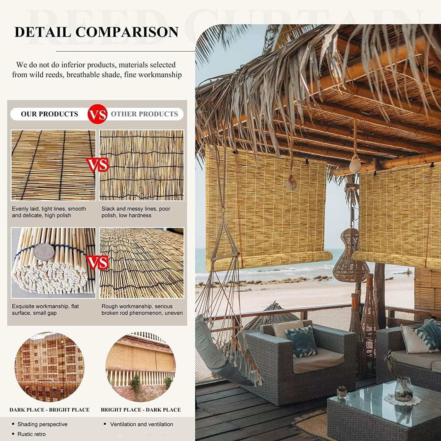 Roman Shades for Windows Bamboo Roller Shades for Patio Porch – Light Filtering - Thumbnail 5