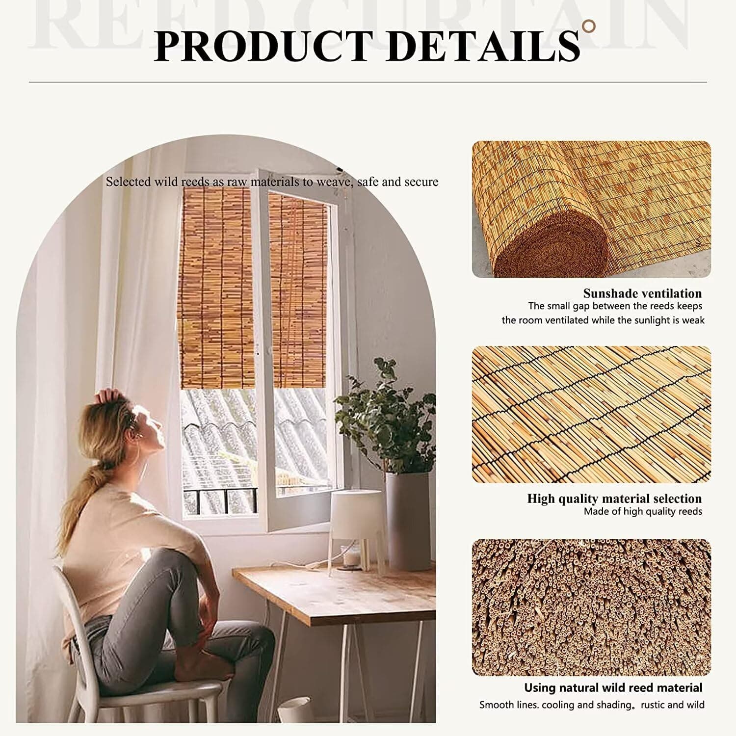 Roman Shades for Windows Bamboo Roller Shades for Patio Porch – Light Filtering - Thumbnail 4