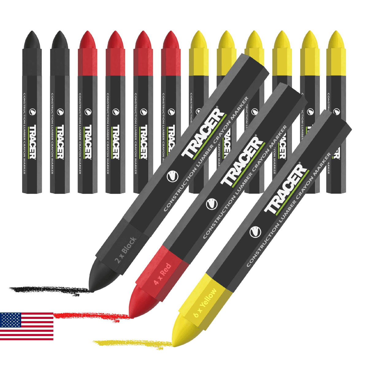 Tracer Construction Lumber Crayon Markers, Pack of 12 - Mixed Colours. 6 x Yello - Image 1