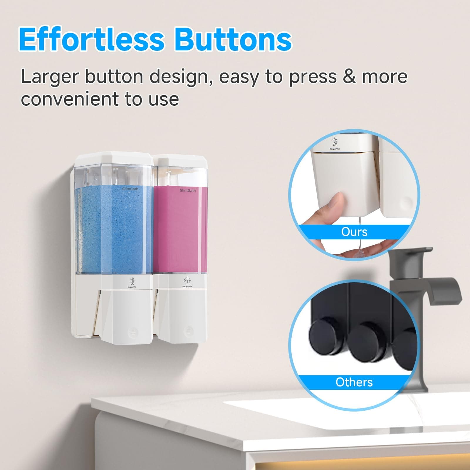 GlintGath Shower Dispenser 2 Chamber Wall Mount Shampoo Conditioner Large Capaci - Thumbnail 3