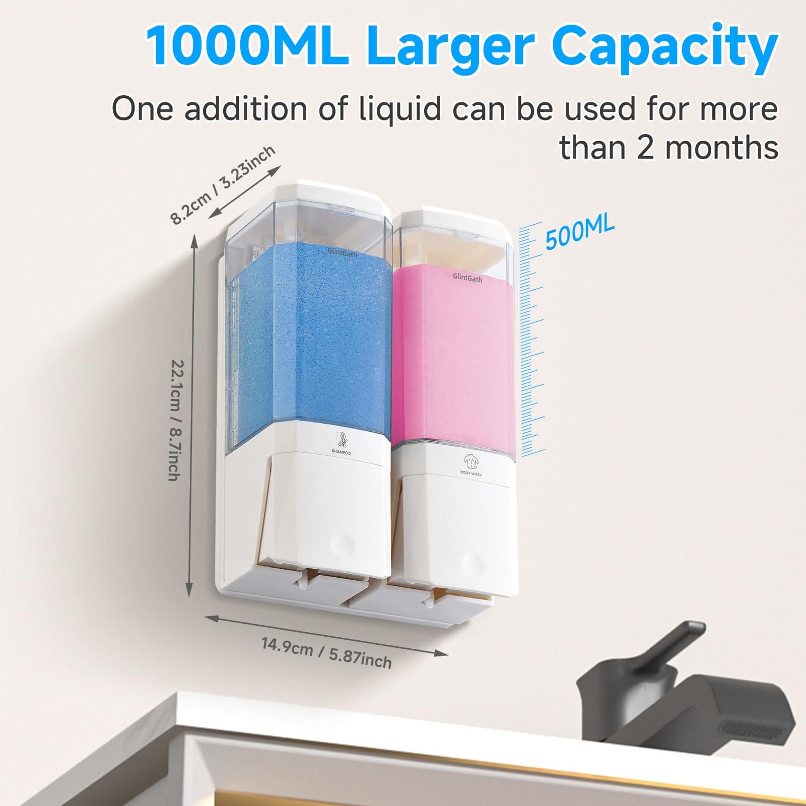 GlintGath Shower Dispenser 2 Chamber Wall Mount Shampoo Conditioner Large Capaci - Thumbnail 5