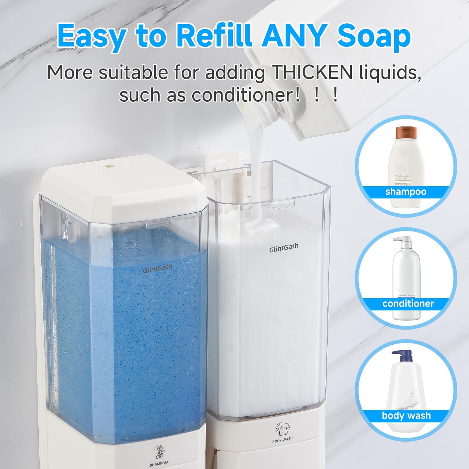 GlintGath Shower Dispenser 2 Chamber Wall Mount Shampoo Conditioner Large Capaci - Thumbnail 6