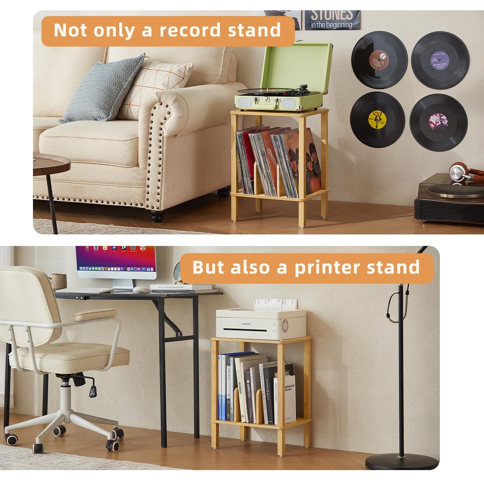 LELELINKY 2-Tier Bamboo Record Player Stand with Vinyl Record Storage up to 100 - Thumbnail 6