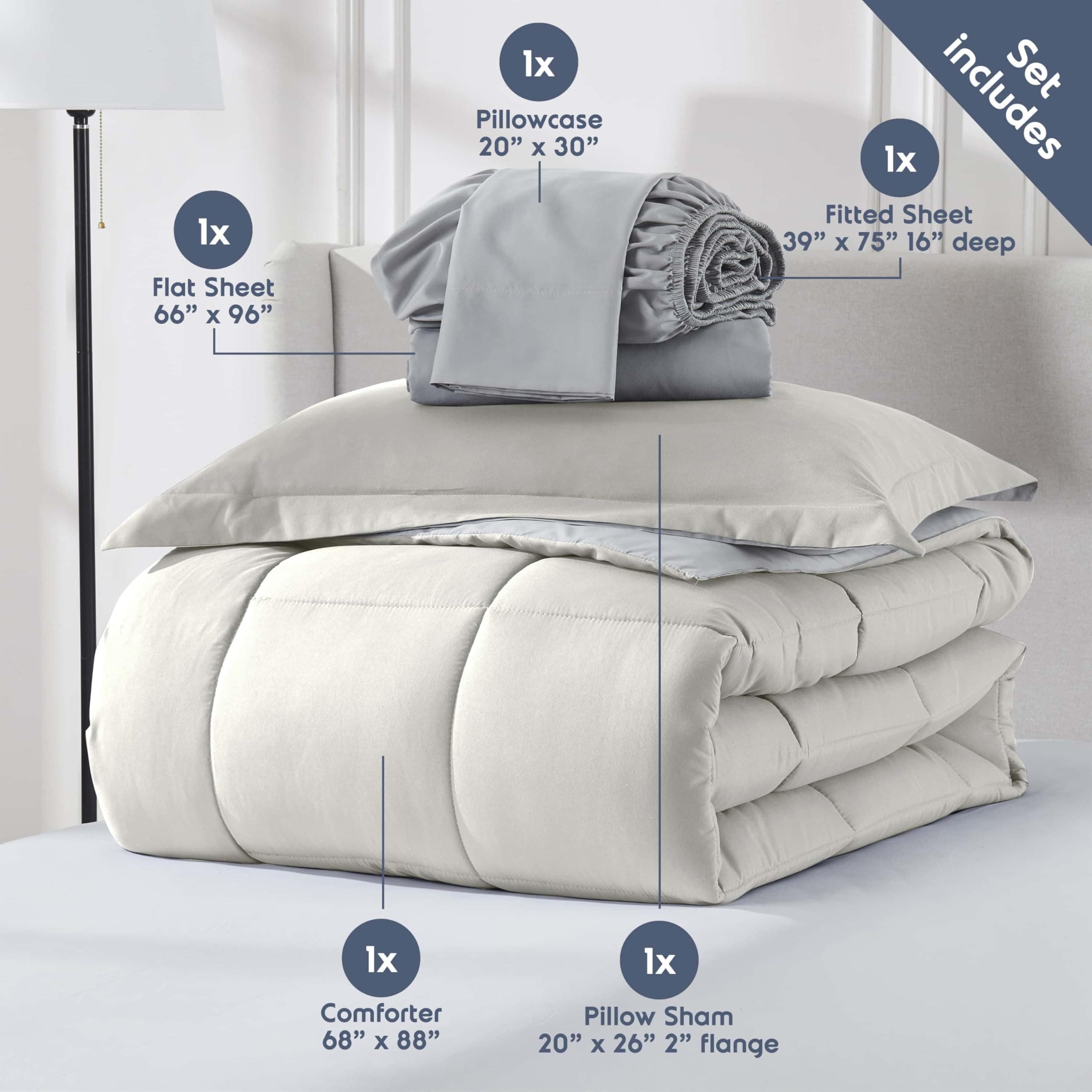 Nestl 5 Piece Twin Comforter Set – Off White Reversible Bed in a Bag – Complete - Thumbnail 4