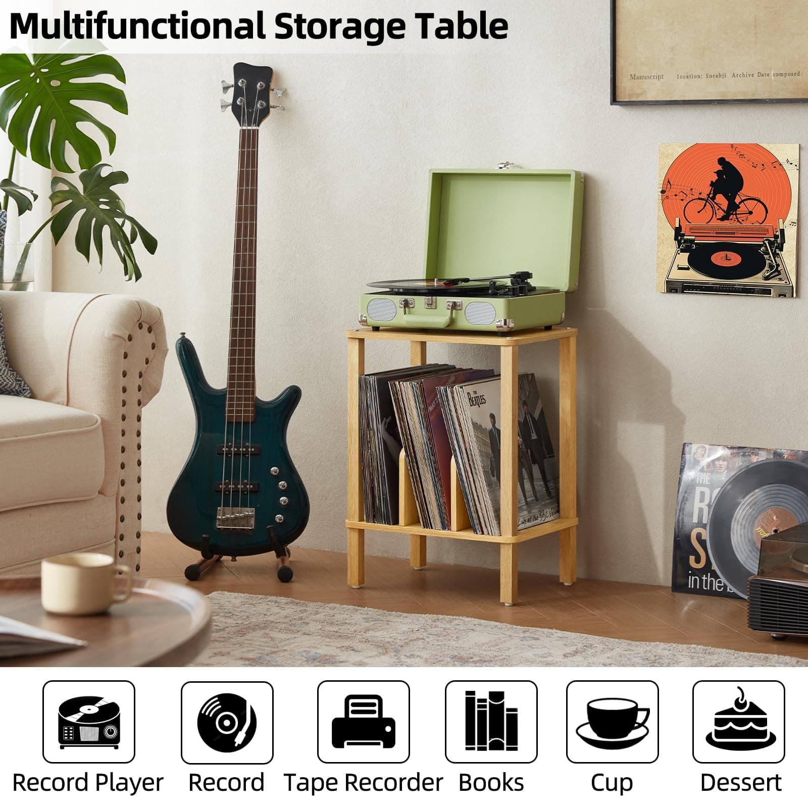 LELELINKY 2-Tier Bamboo Record Player Stand with Vinyl Record Storage up to 100 - Thumbnail 7