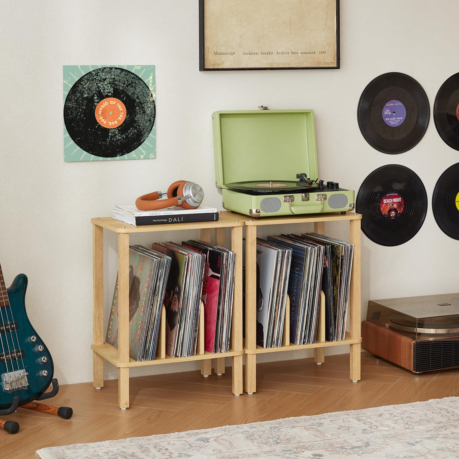 LELELINKY 2-Tier Bamboo Record Player Stand with Vinyl Record Storage up to 100 - Thumbnail 2